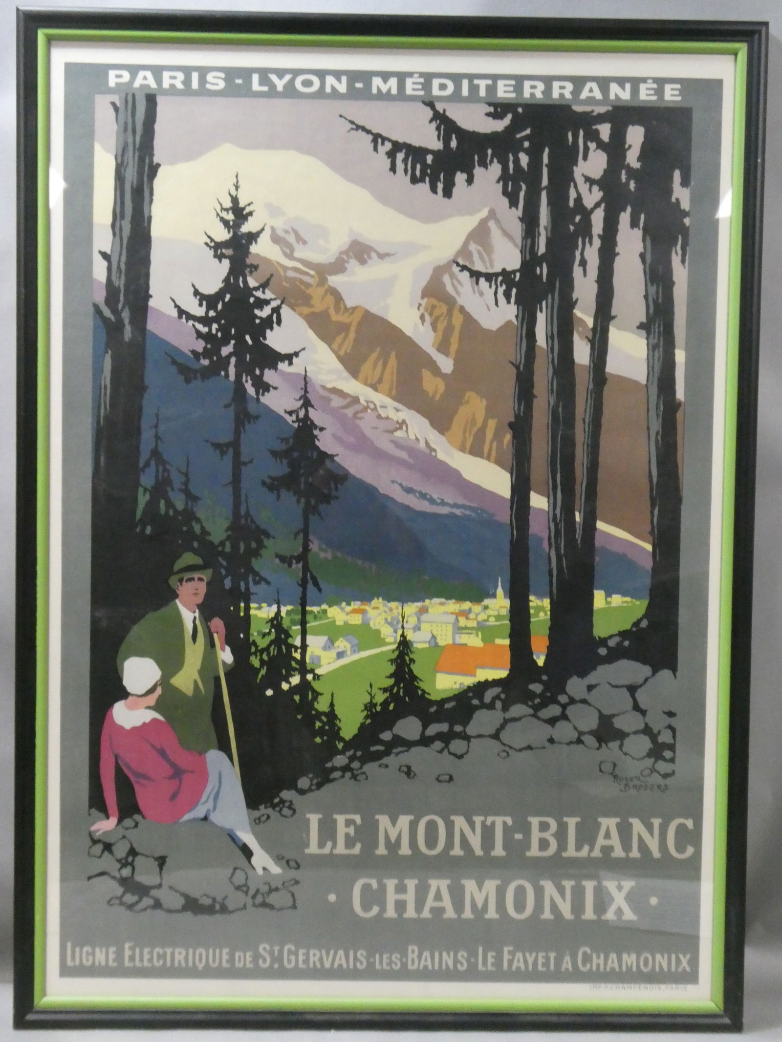 c1924 Roger Broders Mont-Blanc Chamonix Large Framed Poster: Roger Broders (1883-1953). Framed poster of Mont-Blanc Chamonix. Circa 1924. Framed under Plexiglas. The last example of this poster to sell on Live Auctioneers (by Swann auctioneers in Feb. 2022) sol
