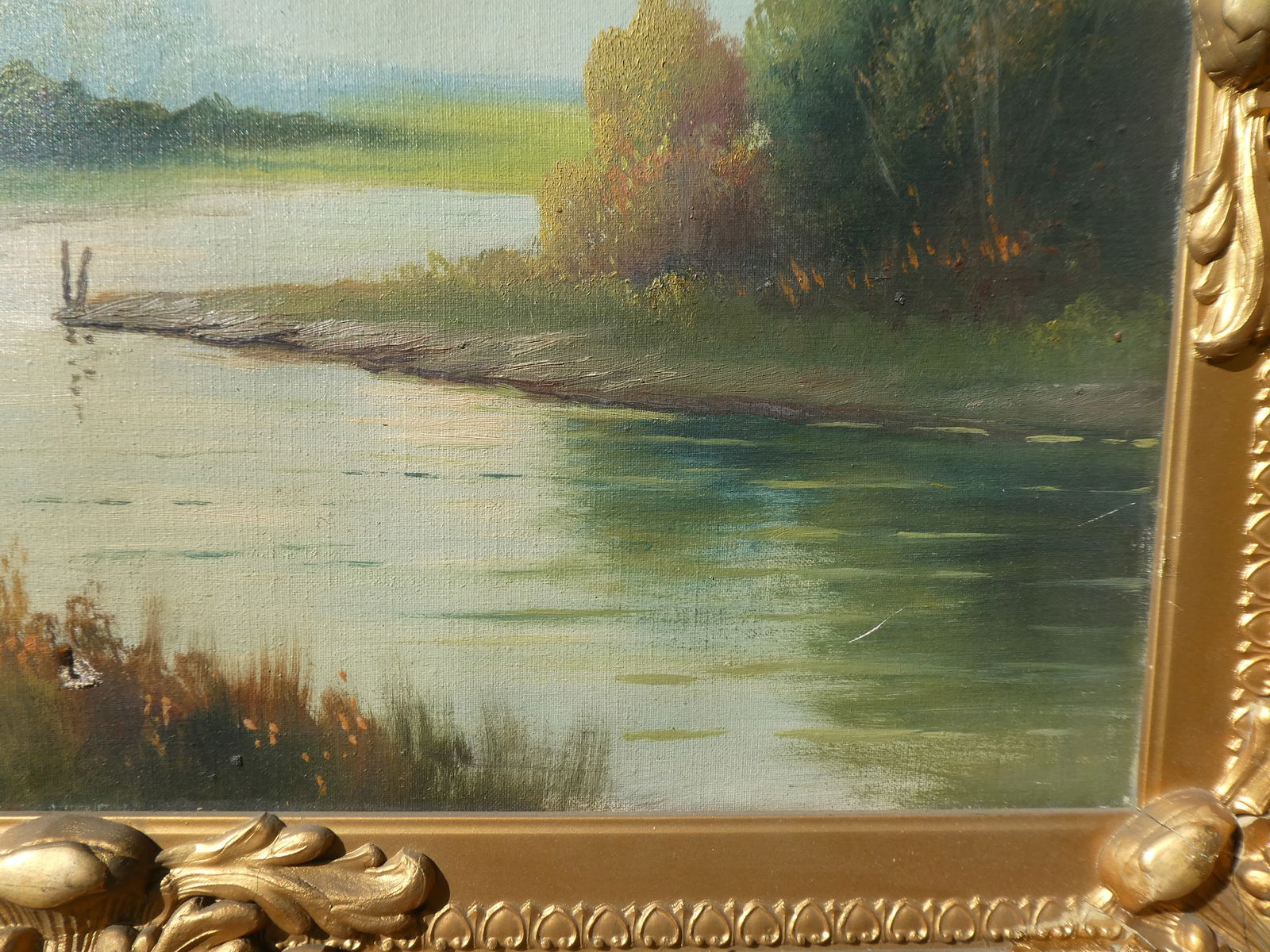 Unsigned Vintage House by River Oil Painting in Ornate Frame - 11