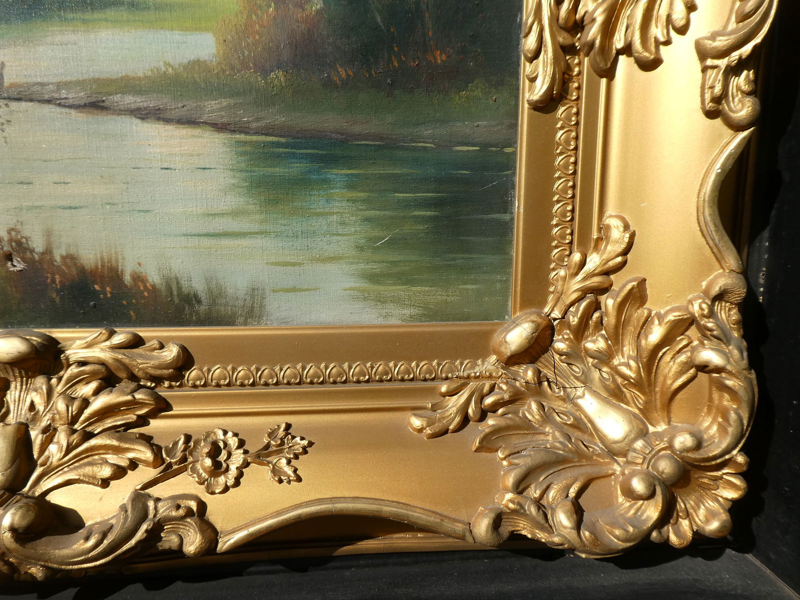 Unsigned Vintage House by River Oil Painting in Ornate Frame - 13