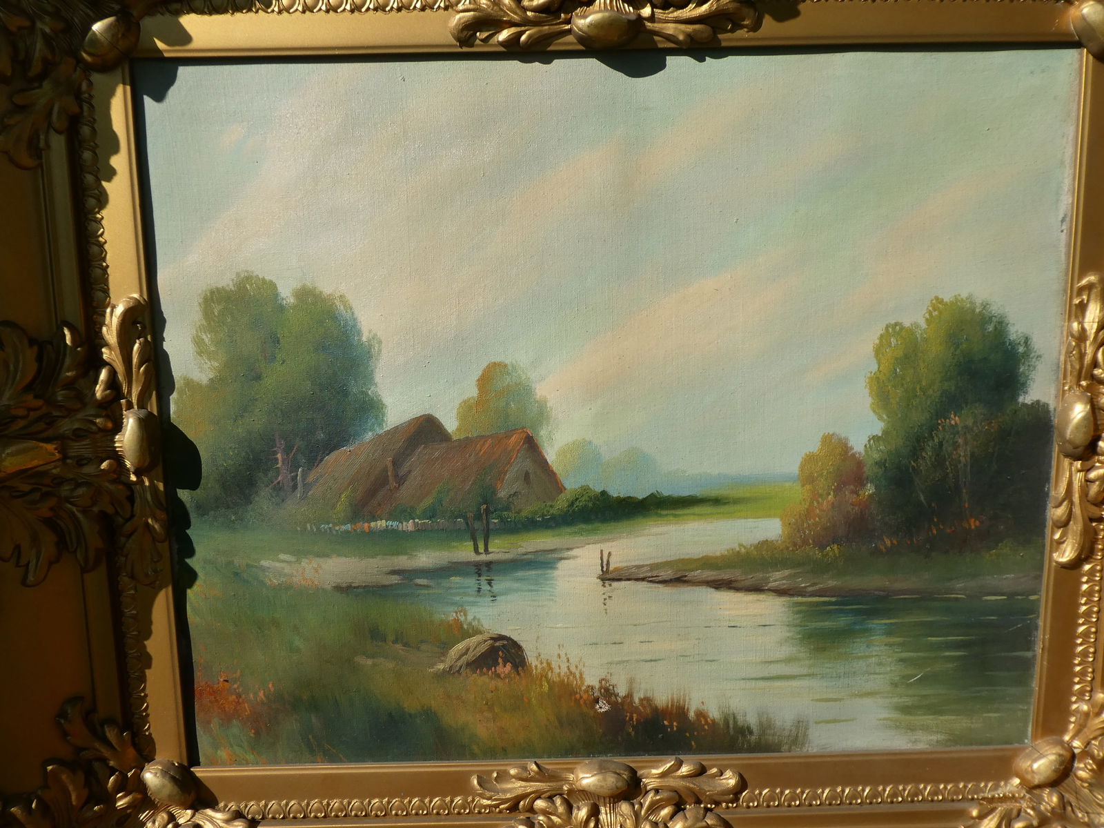 Unsigned Vintage House by River Oil Painting in Ornate Frame - 2