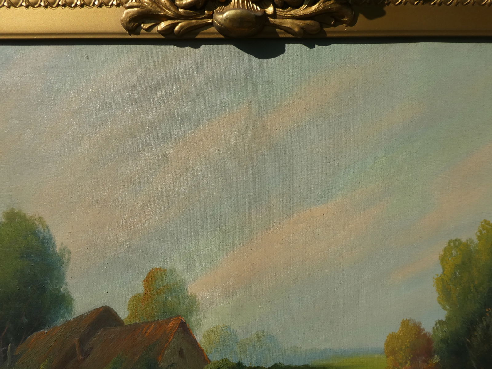 Unsigned Vintage House by River Oil Painting in Ornate Frame - 4