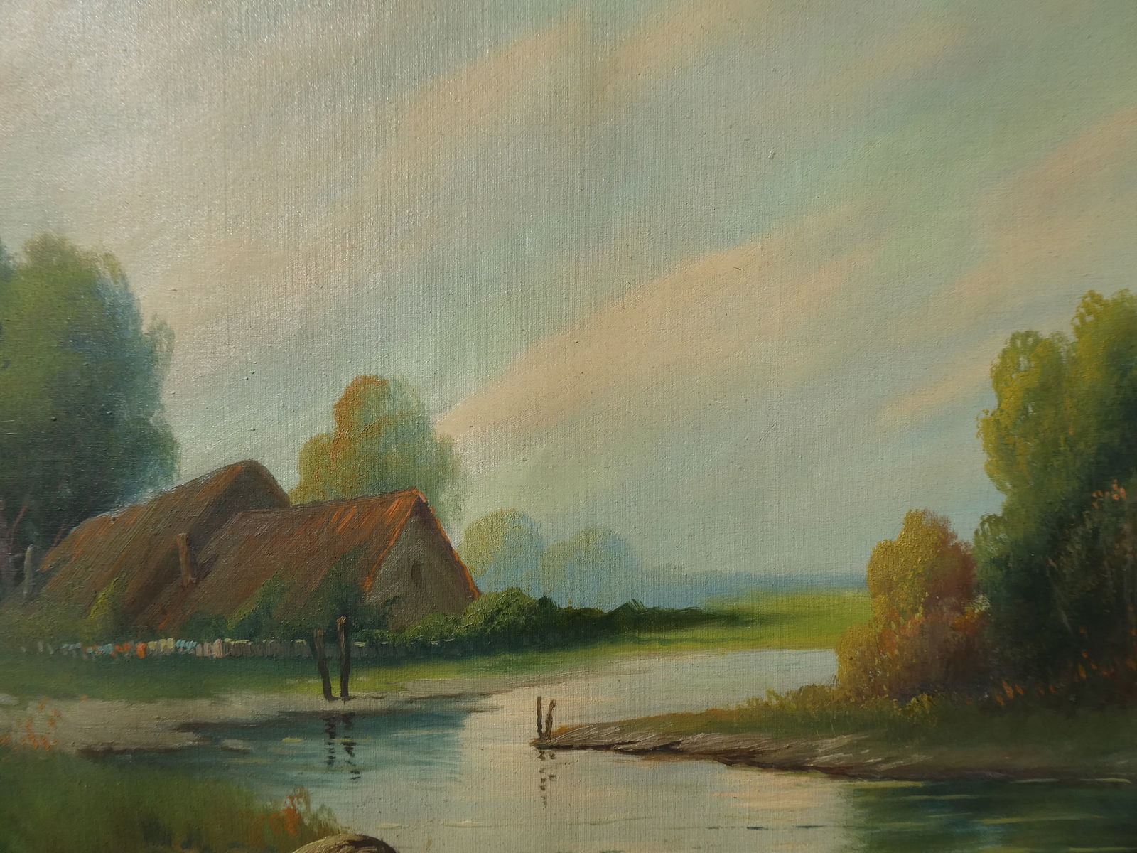 Unsigned Vintage House by River Oil Painting in Ornate Frame - 7