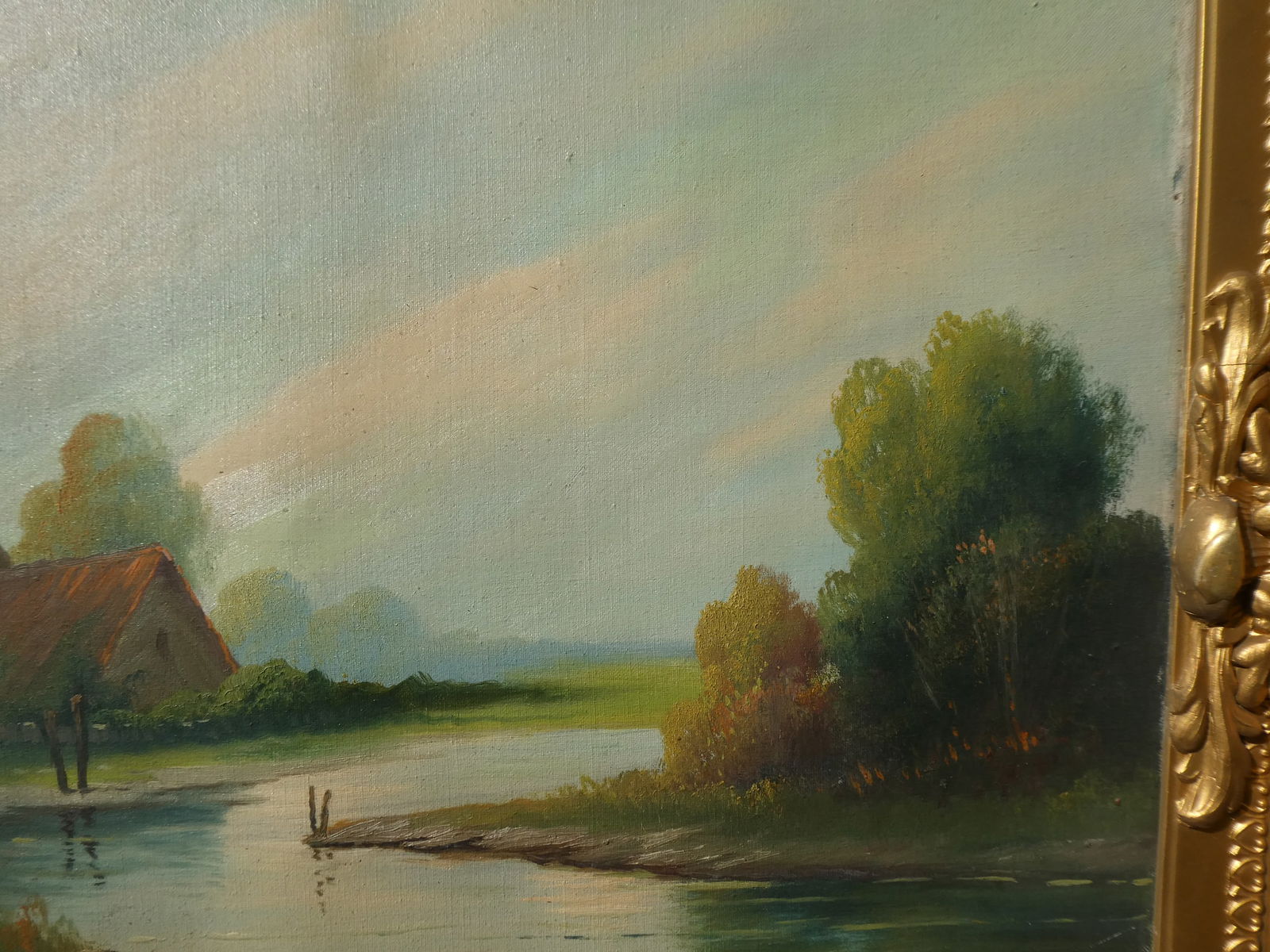 Unsigned Vintage House by River Oil Painting in Ornate Frame - 8