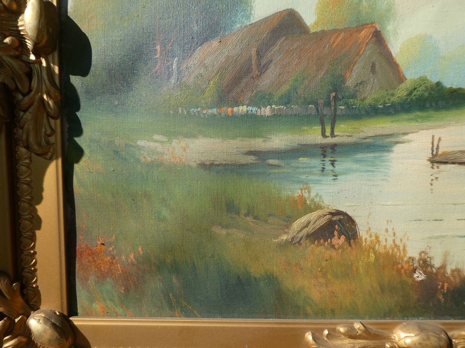 Unsigned Vintage House by River Oil Painting in Ornate Frame - 9