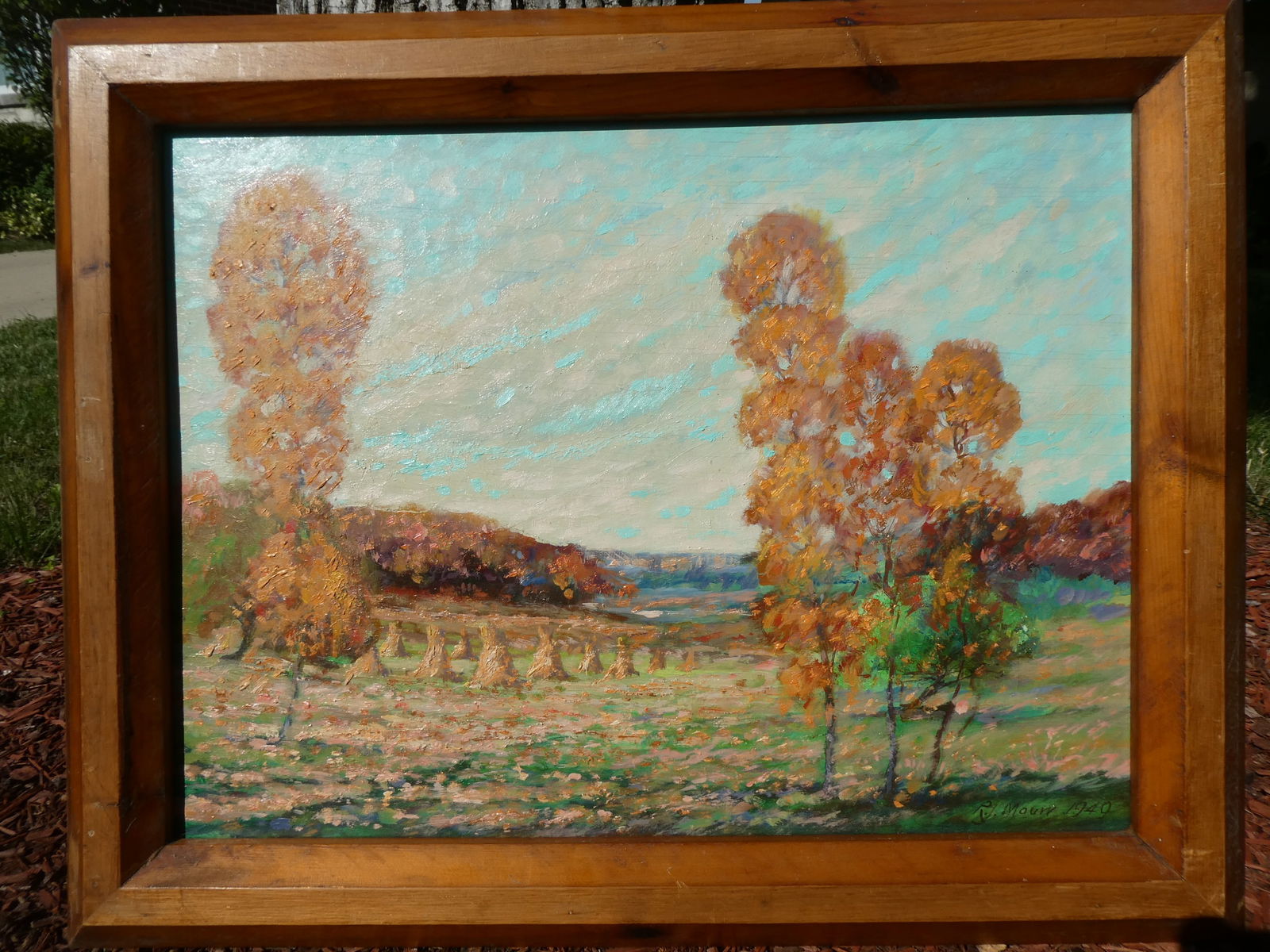 1949 Signed RJ Mouw Fall Landscape Oil Painting: 1949 Signed RJ Mouw Fall Landscape Oil Painting on board in frame Good with no problems 30 x 25, image: 25 x 18 1/2 Shipping: Local pick-up or buyer-arranged welcome. In-house shipping is available. *