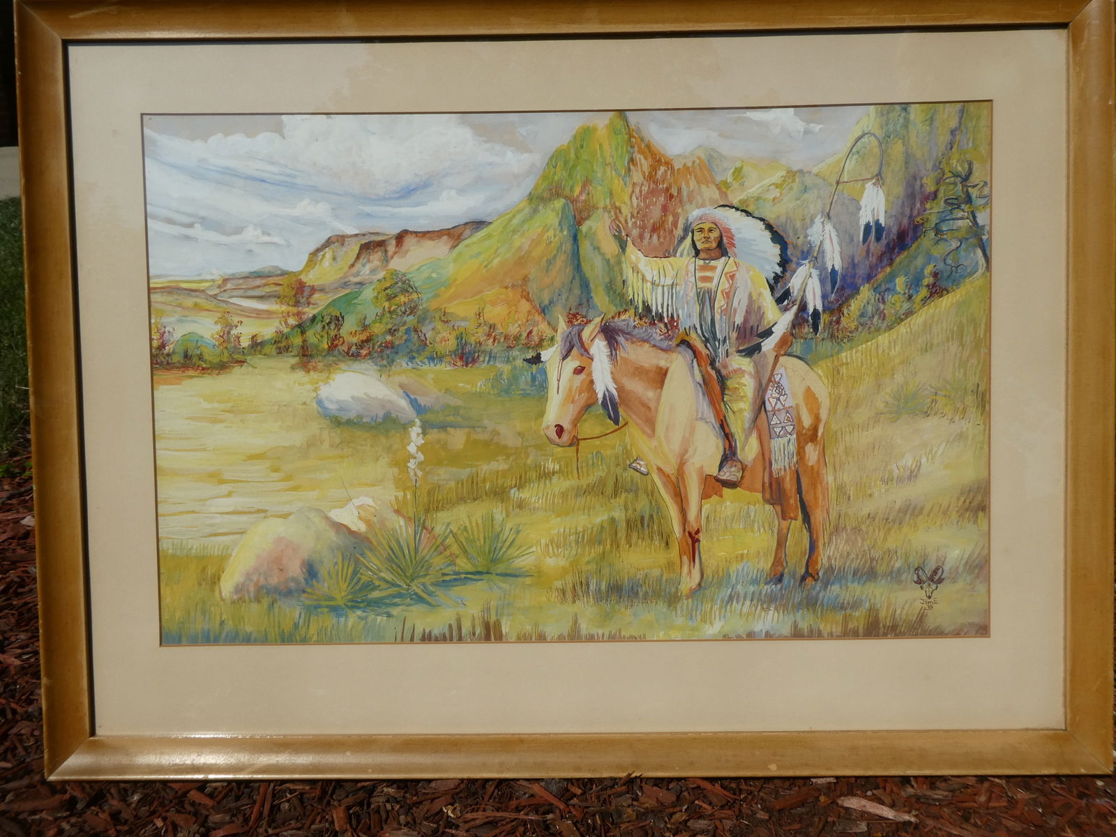 1939 Signed Jim Mixed Media American Indian Chief on Horse: 1939 Signed Jim Mixed Media American Indian Chief on Horse framed under glass Good with no problems 27 x 20, image: 21 1/2 x 13 1/2 Shipping: Local pick-up or buyer-arranged welcome. In-house shipping