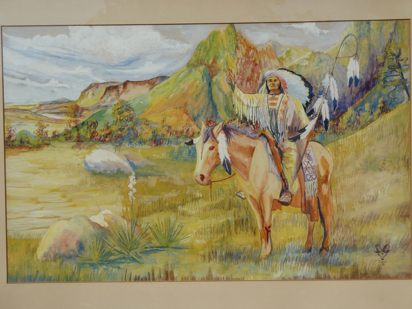 1939 Signed Jim Mixed Media American Indian Chief on Horse - 2
