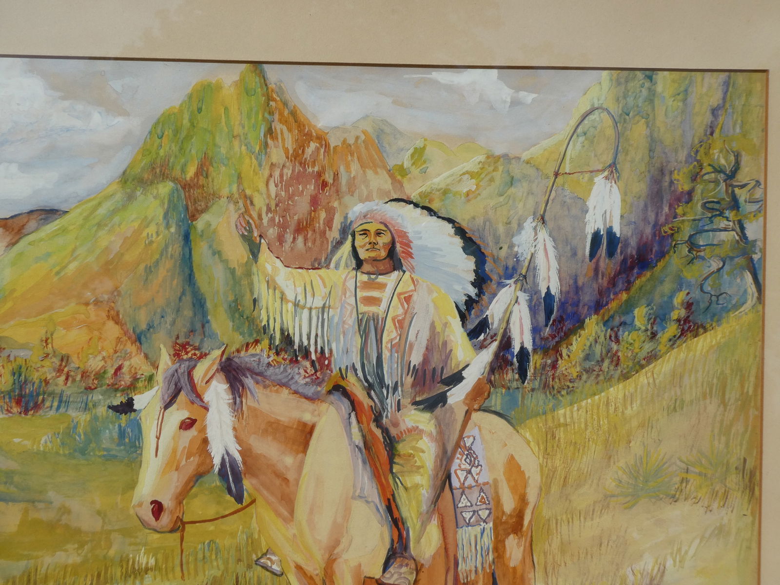 1939 Signed Jim Mixed Media American Indian Chief on Horse - 5