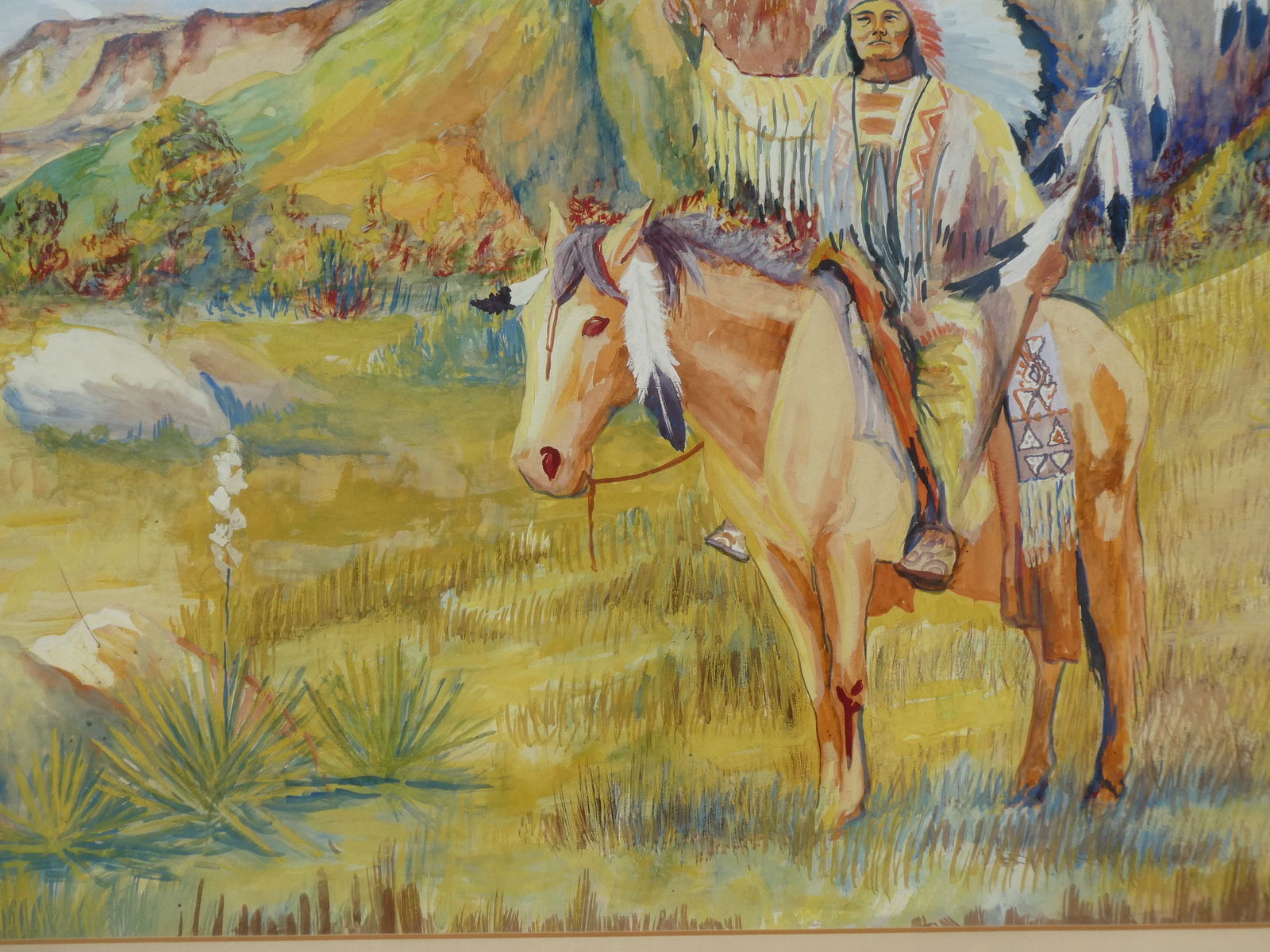 1939 Signed Jim Mixed Media American Indian Chief on Horse - 7