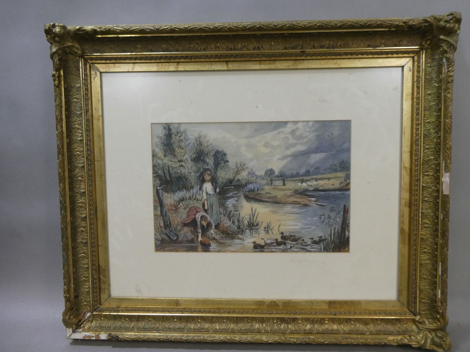 Antique L West Signed Watercolor Painting Girls by River w/ Ducks: Antique L West Signed Watercolor Painting Girls by River w/ Ducks. Framed under glass. Signed lower left with personal note on reverse. Frame shows damage 29 x 25, image: 16 x 10 Shipping: Local pick-