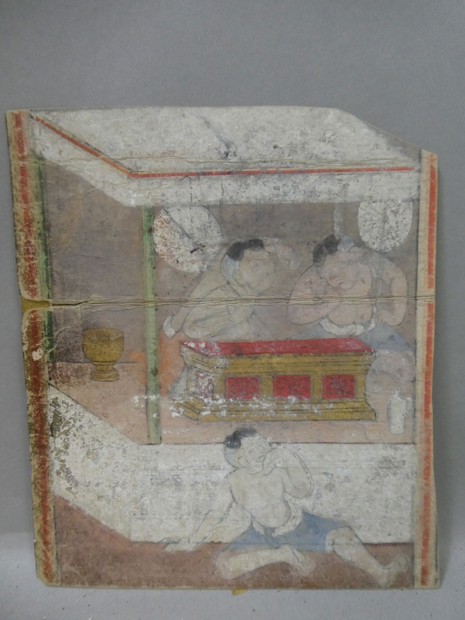 18th/19th Century Thai Buddhist Painting on Manuscript Paper: 18th/19th Century Thai Buddhist Painting on Manuscript Paper Well worn with age, has creases, taped separation and cut upper right corner 8 x 9 1/2 Shipping: Local pick-up or buyer-arranged welcome. I
