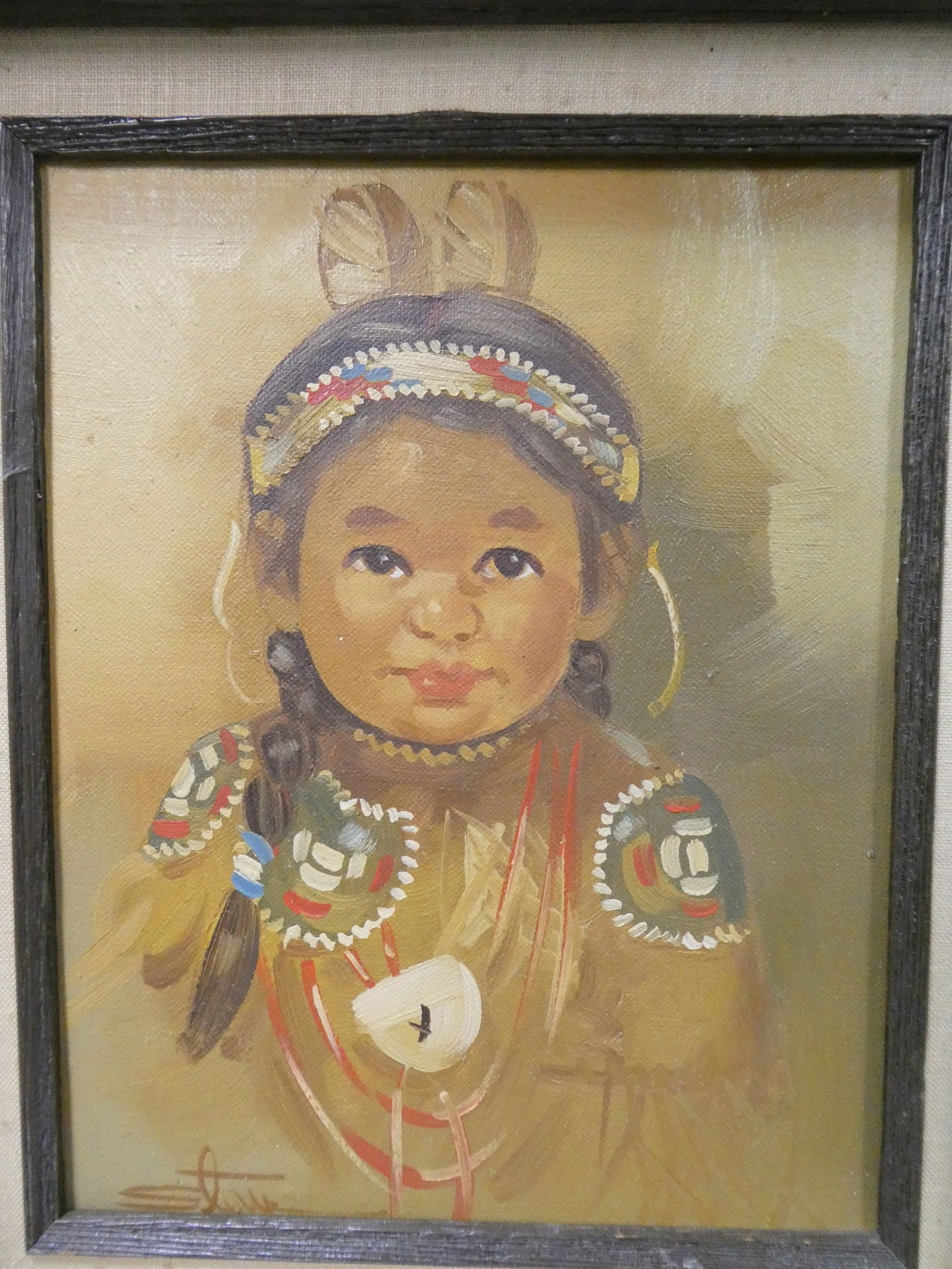 Pair Vintage Signed Portrait of American Indian Children - 11