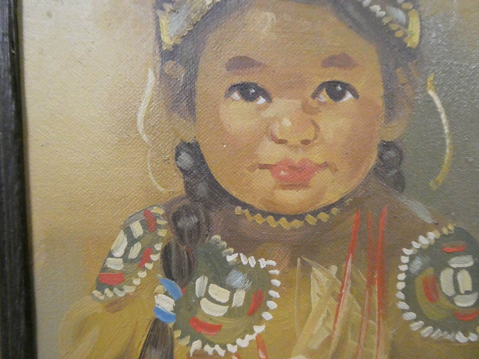 Pair Vintage Signed Portrait of American Indian Children - 9