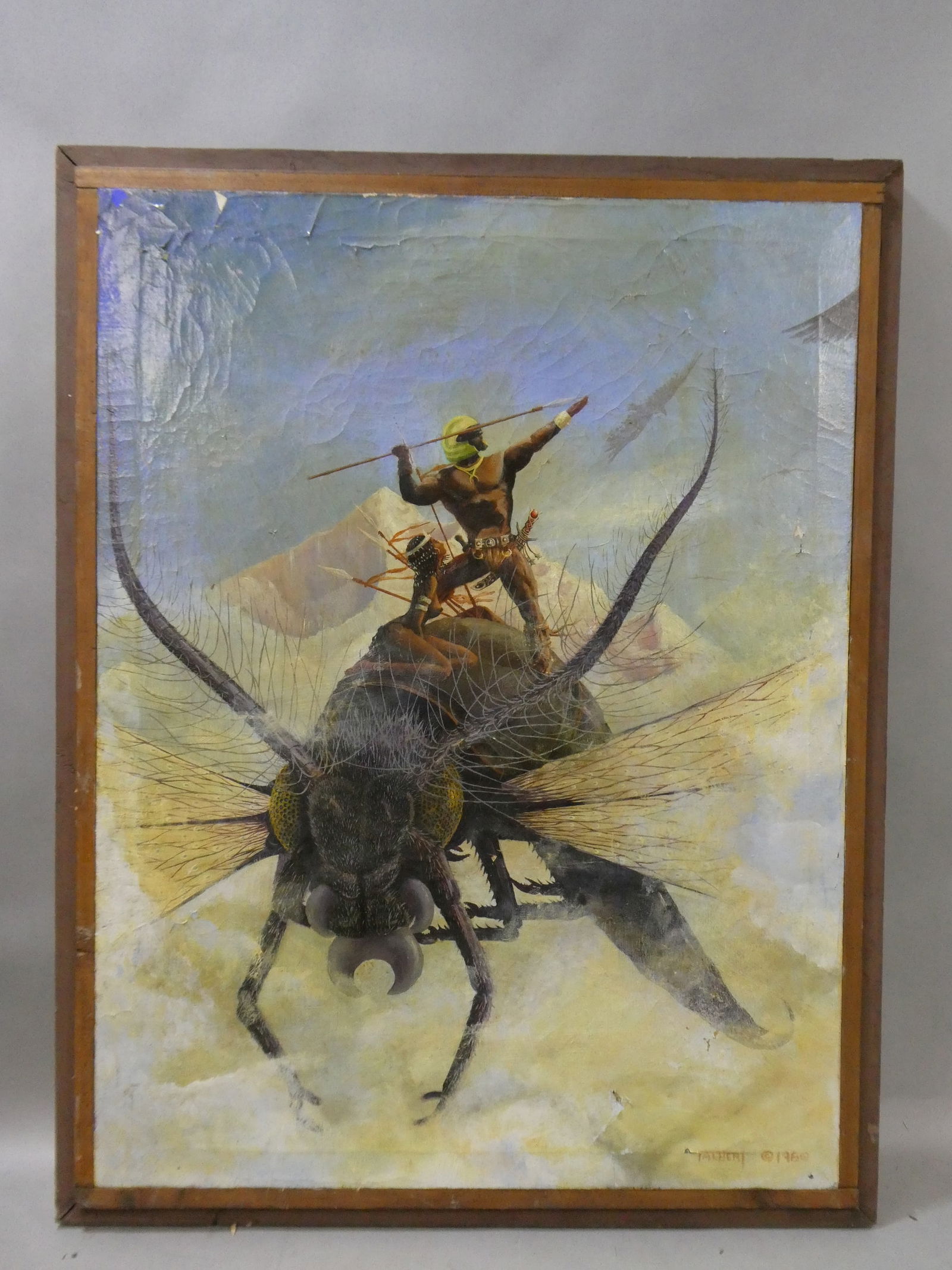 1980 Rod Talbert Black African Warriors Riding Giant Insect Sci Fi Oil Painting: 1980 Rod Talbert Black African Warriors Riding Giant Insect Sci Fi Oil Painting on canvas in frame Has wear, chipping, craquelure, creases, holes etc 31 x 40, image: 27 1/2 x 36 Shipping: Local pick-u