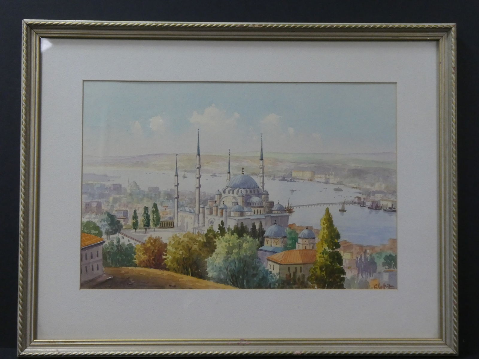 c1920-30's Vahit Armagan View of Istanbul Watercolor Painting: c1920-30's Vahit Armagan View of Istanbul Watercolor Painting framed under glass. Listed artist Excellent condition save for a bit of rippling on left upper edge of watercolor. Frame has scrapes and s