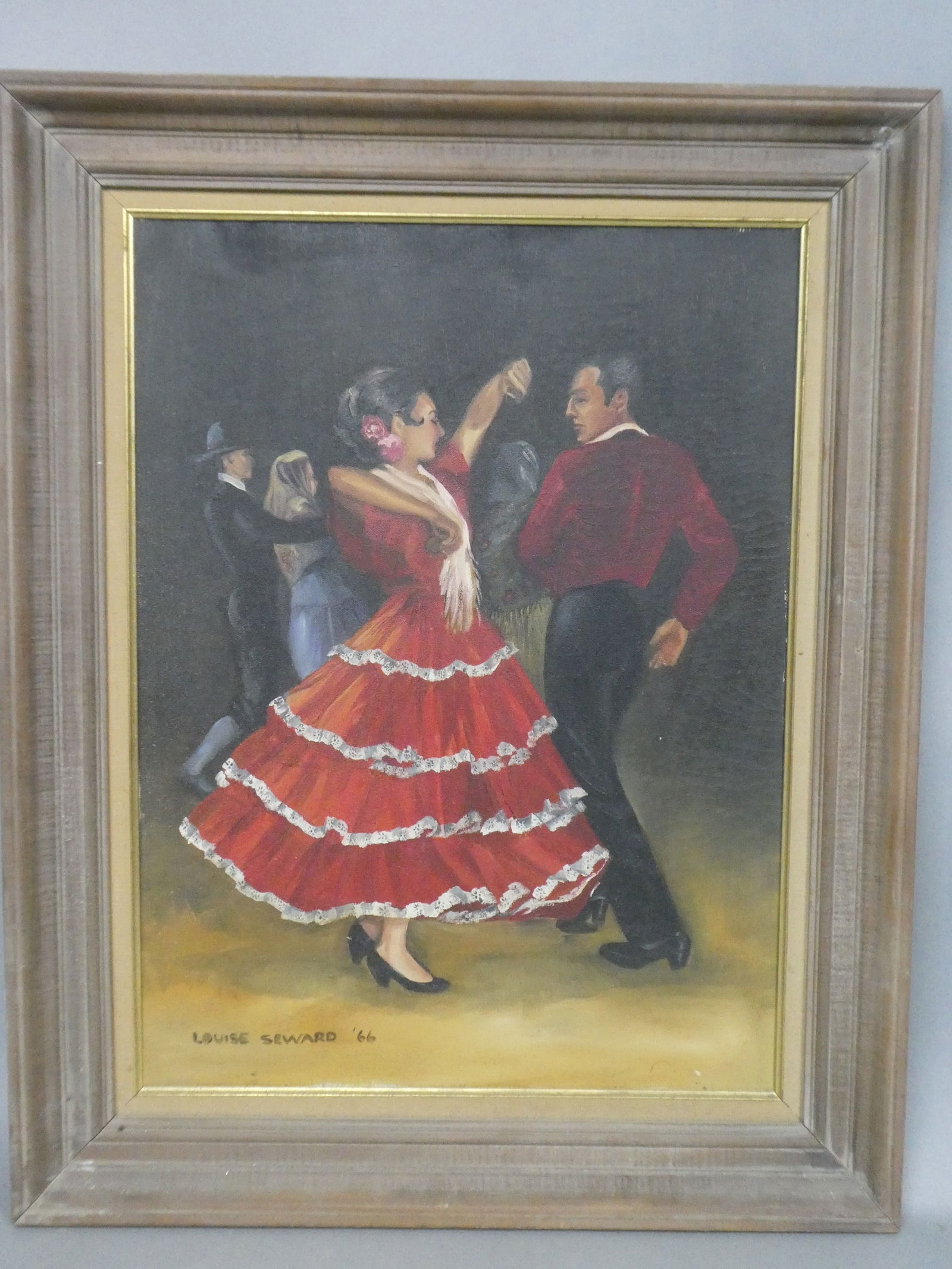 1966 Louise Seward Flamenco Dancers Oil Painting: 1966 Louise Seward Flamenco Dancers Oil Painting on canvas in frame. Signed and dated lower left Need a cleaning 24 high x 30 wide x 1 deep, image: 18 x 24 Shipping: Local pick-up or buyer-arranged we