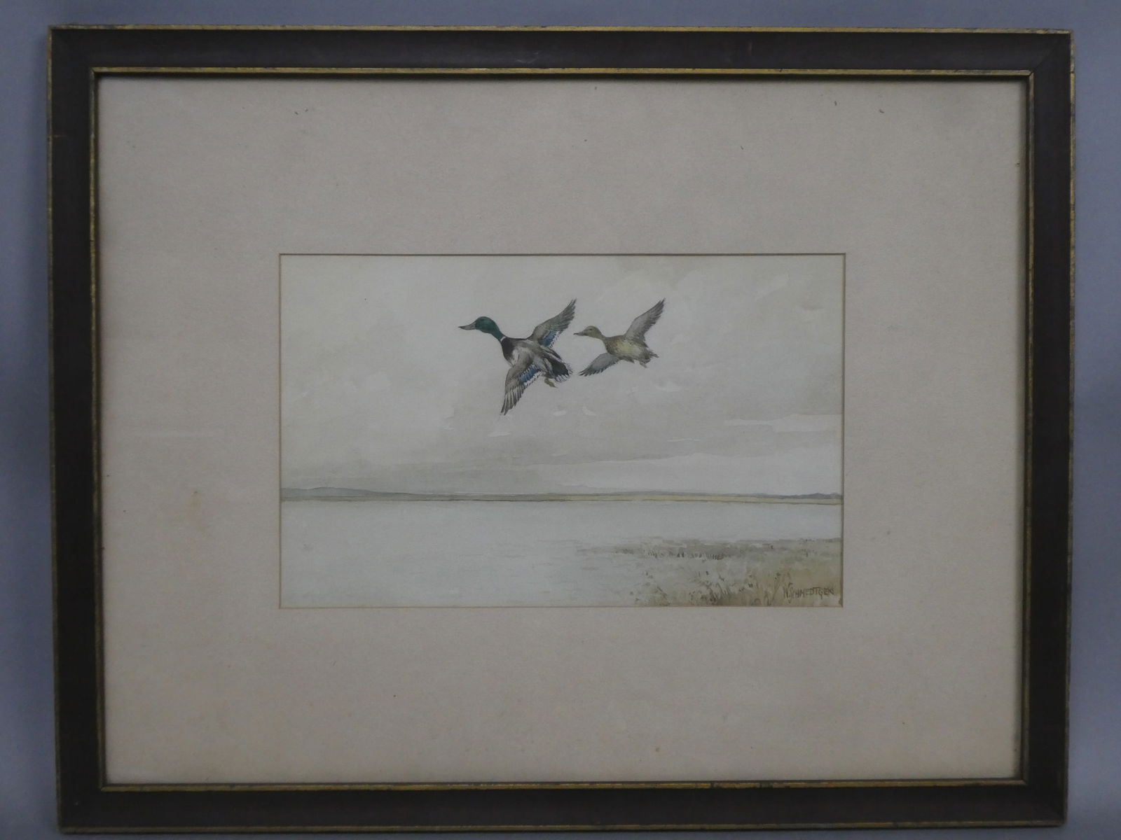 William Schmedtgen Pair of Flying Mallard Ducks Watercolor Painting LISTED ARTIST (1 of 11)