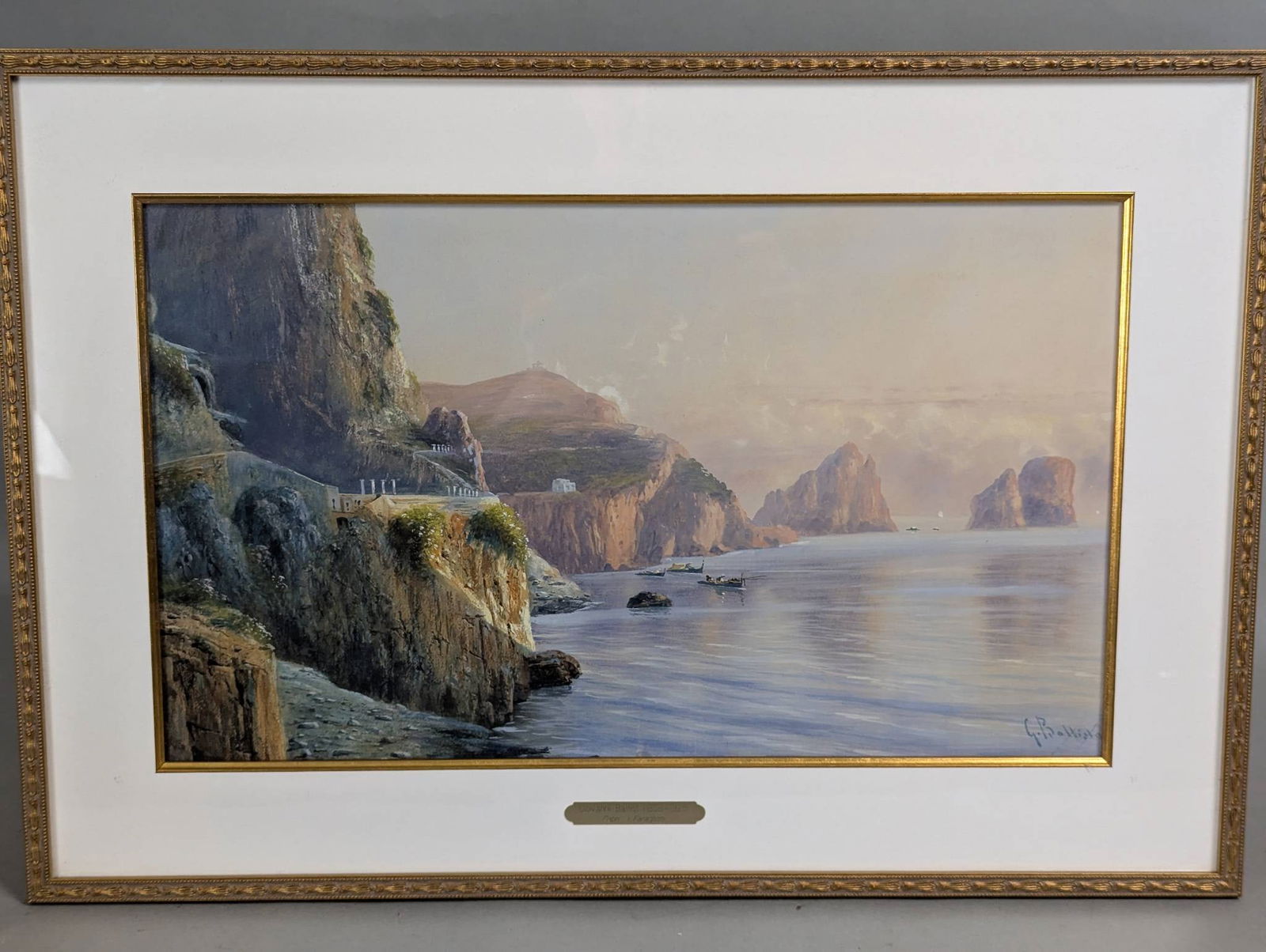 View of Capri Gauche Painting by Giovanni Battista: Gauche painting titled View of Capri by renowned Italian artist Giovanni Battista. The work depicts a picturesque coastal scene, highlighting the cliffs and waters around Capri, with expertly rendered