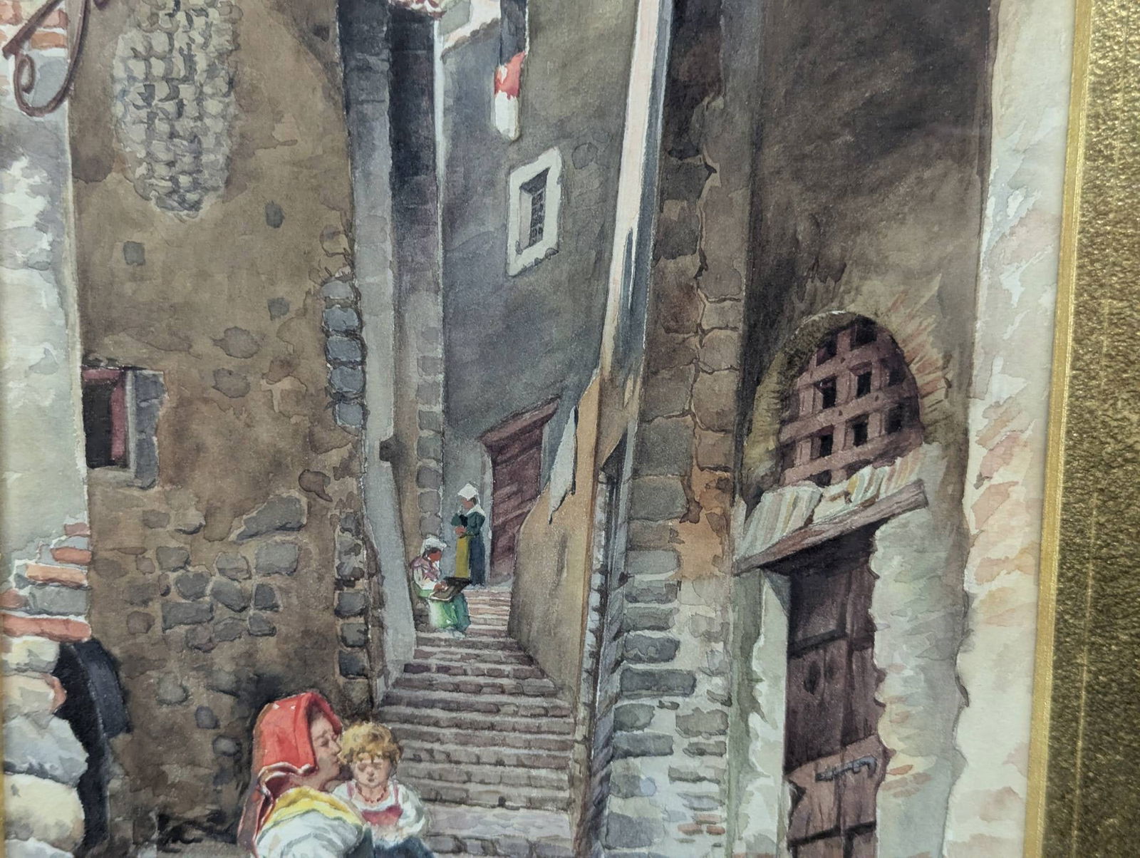 Watercolor by Pietro Pavesi Depicting a Italian Village Scene in Ornate Frame - 5