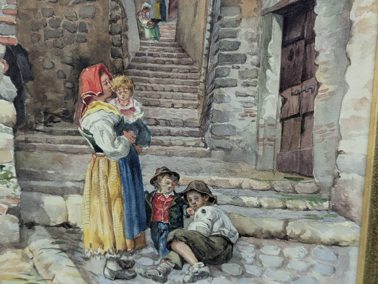 Watercolor by Pietro Pavesi Depicting a Italian Village Scene in Ornate Frame - 6