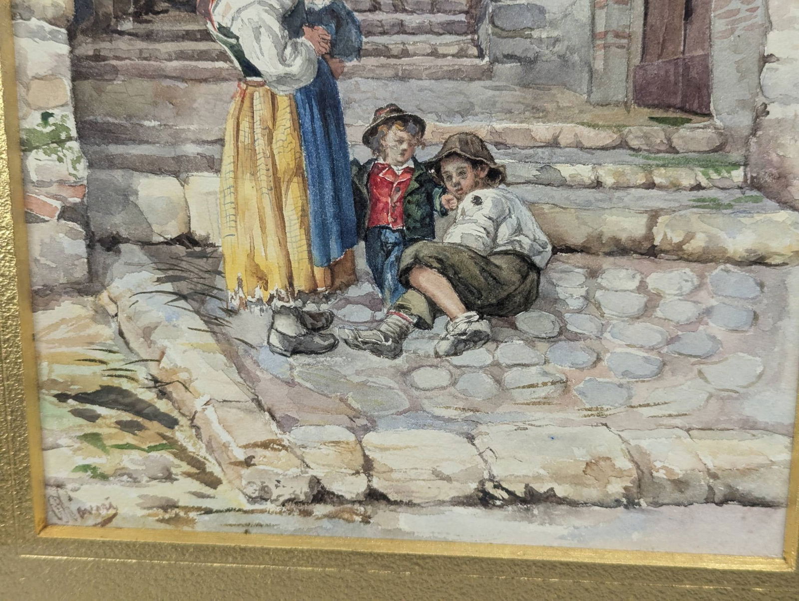 Watercolor by Pietro Pavesi Depicting a Italian Village Scene in Ornate Frame - 7