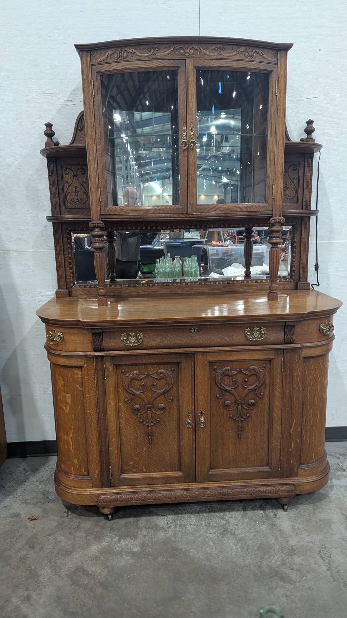 Antique Oak China Cabinet with Ornate Carved Details and Curved Glass Hutch (1 of 10)