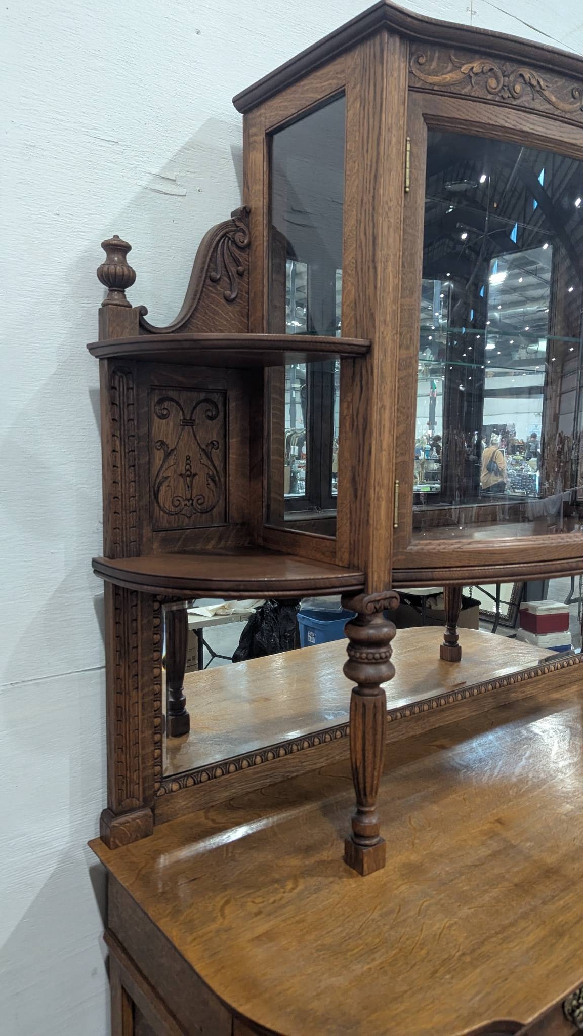 Antique Oak China Cabinet with Ornate Carved Details and Curved Glass Hutch - 2