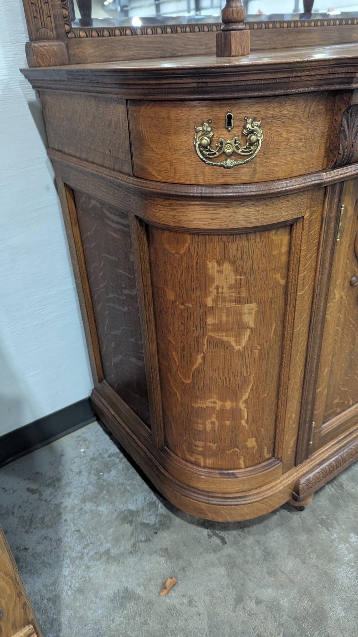 Antique Oak China Cabinet with Ornate Carved Details and Curved Glass Hutch - 3
