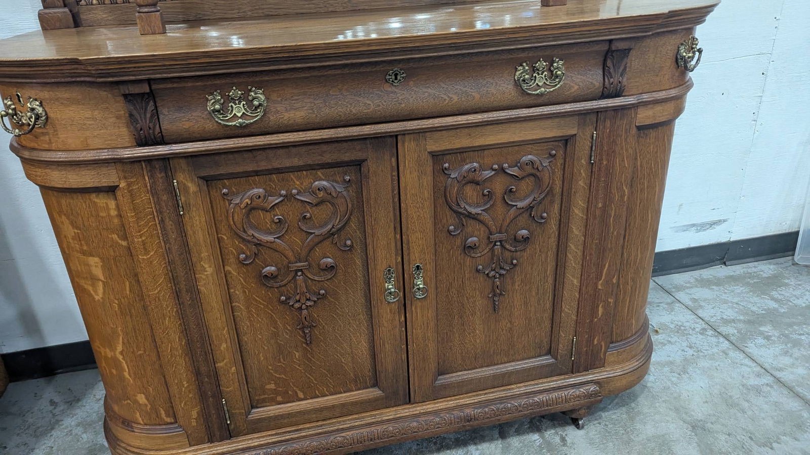 Antique Oak China Cabinet with Ornate Carved Details and Curved Glass Hutch - 4