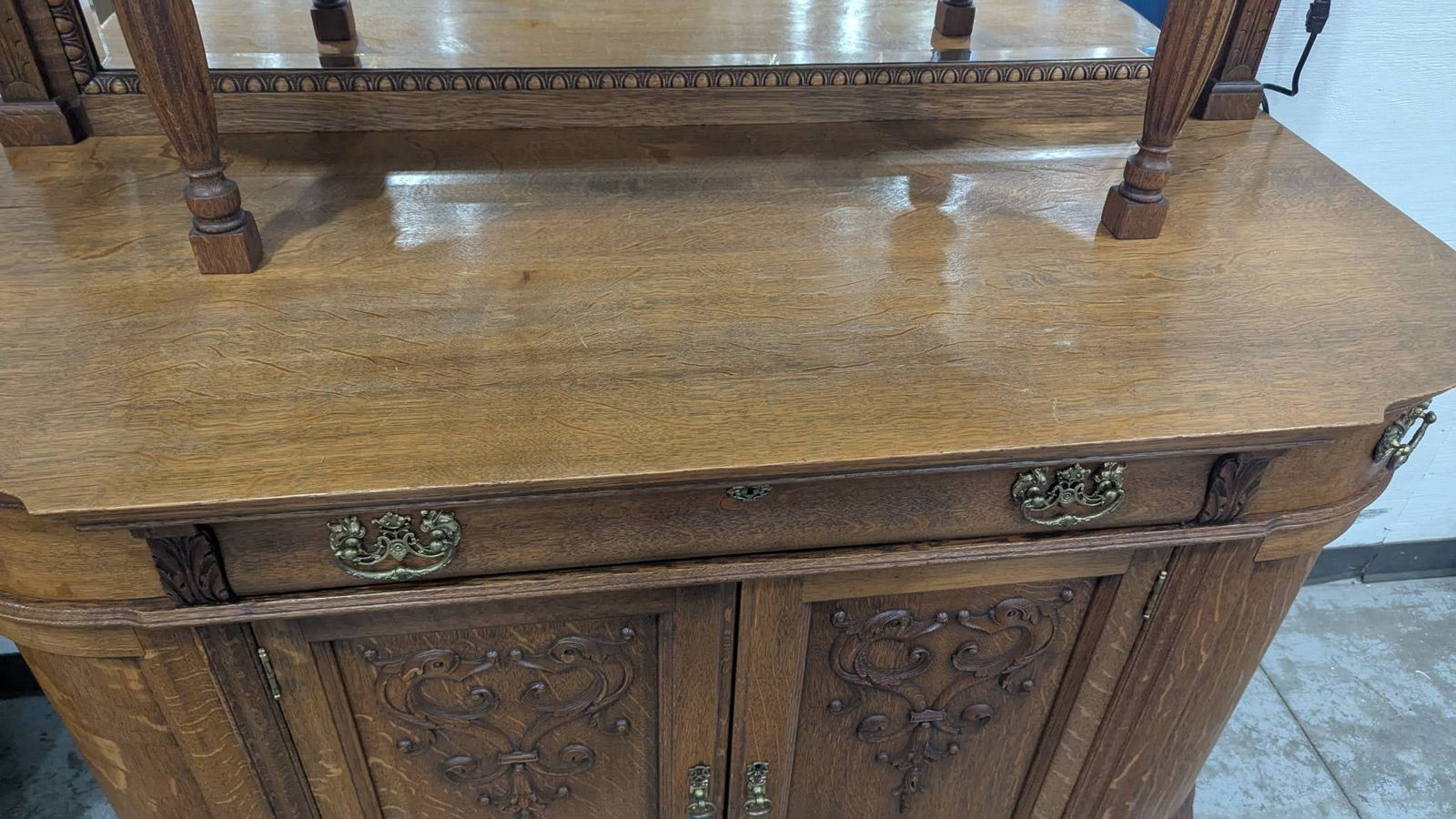 Antique Oak China Cabinet with Ornate Carved Details and Curved Glass Hutch - 5