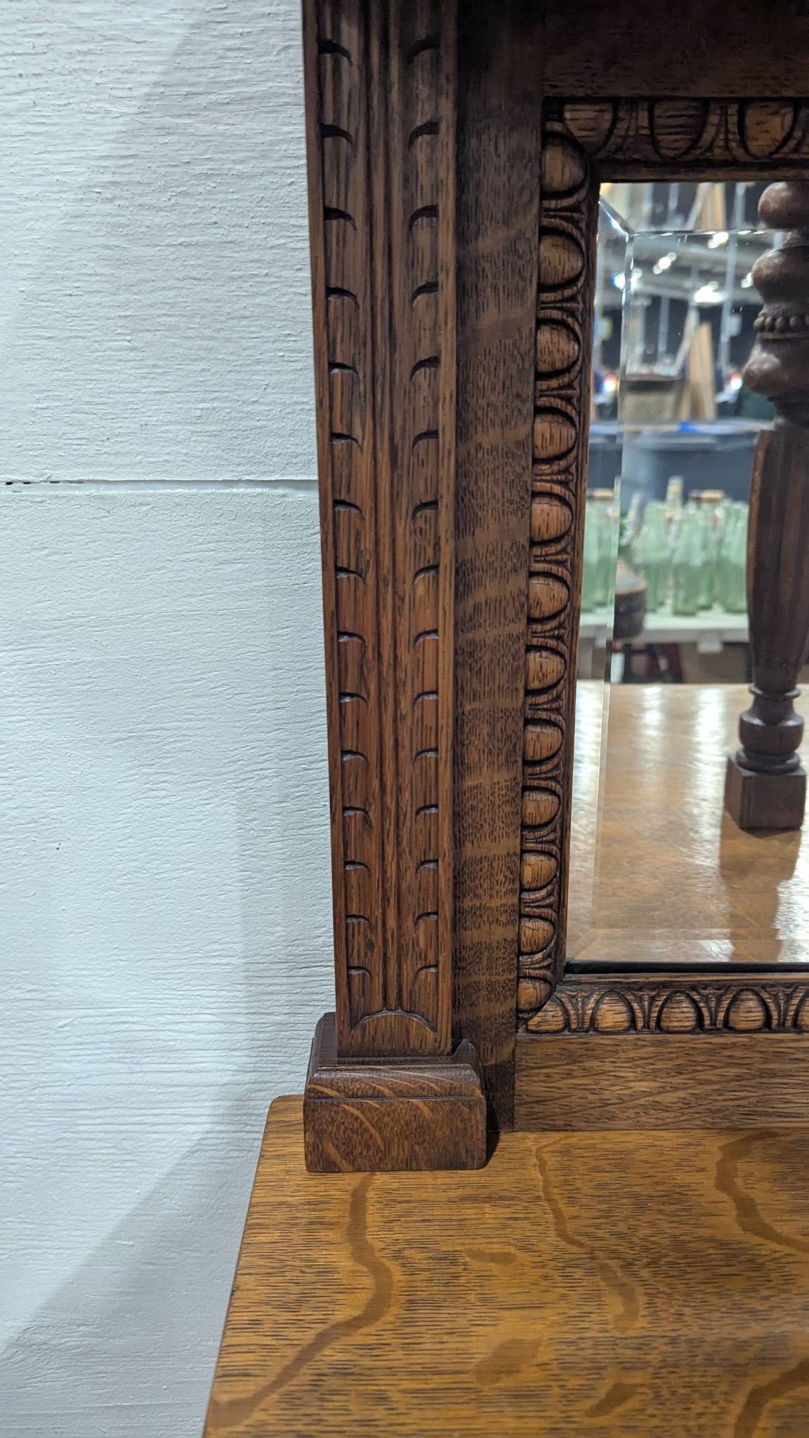 Antique Oak China Cabinet with Ornate Carved Details and Curved Glass Hutch - 8