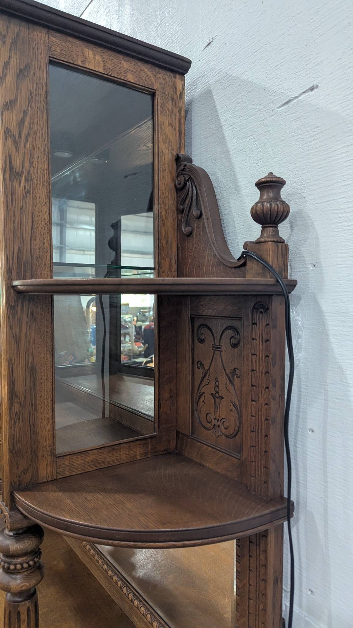 Antique Oak China Cabinet with Ornate Carved Details and Curved Glass Hutch - 9