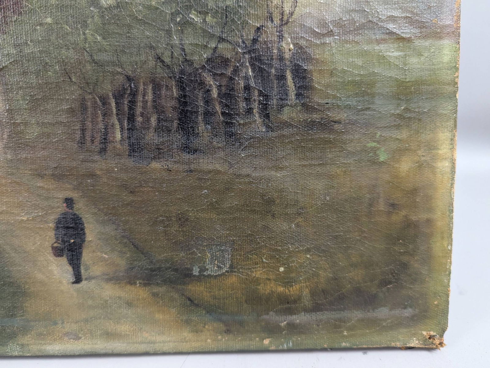 19th Century OIl Painting Landscape With House and Figure in Background - 10