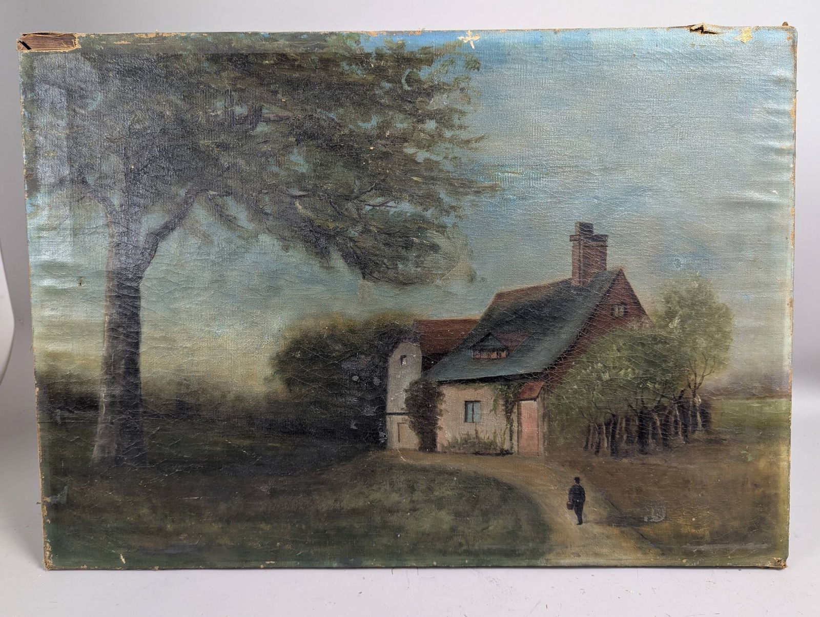 19th Century OIl Painting Landscape With House and Figure in Background: 19th-century oil painting on canvas depicting a serene landscape with a rustic house, a tall tree, and a male figure walking along a path. Dimensions are approximately 26 inches high, 18 1/2 inches wi