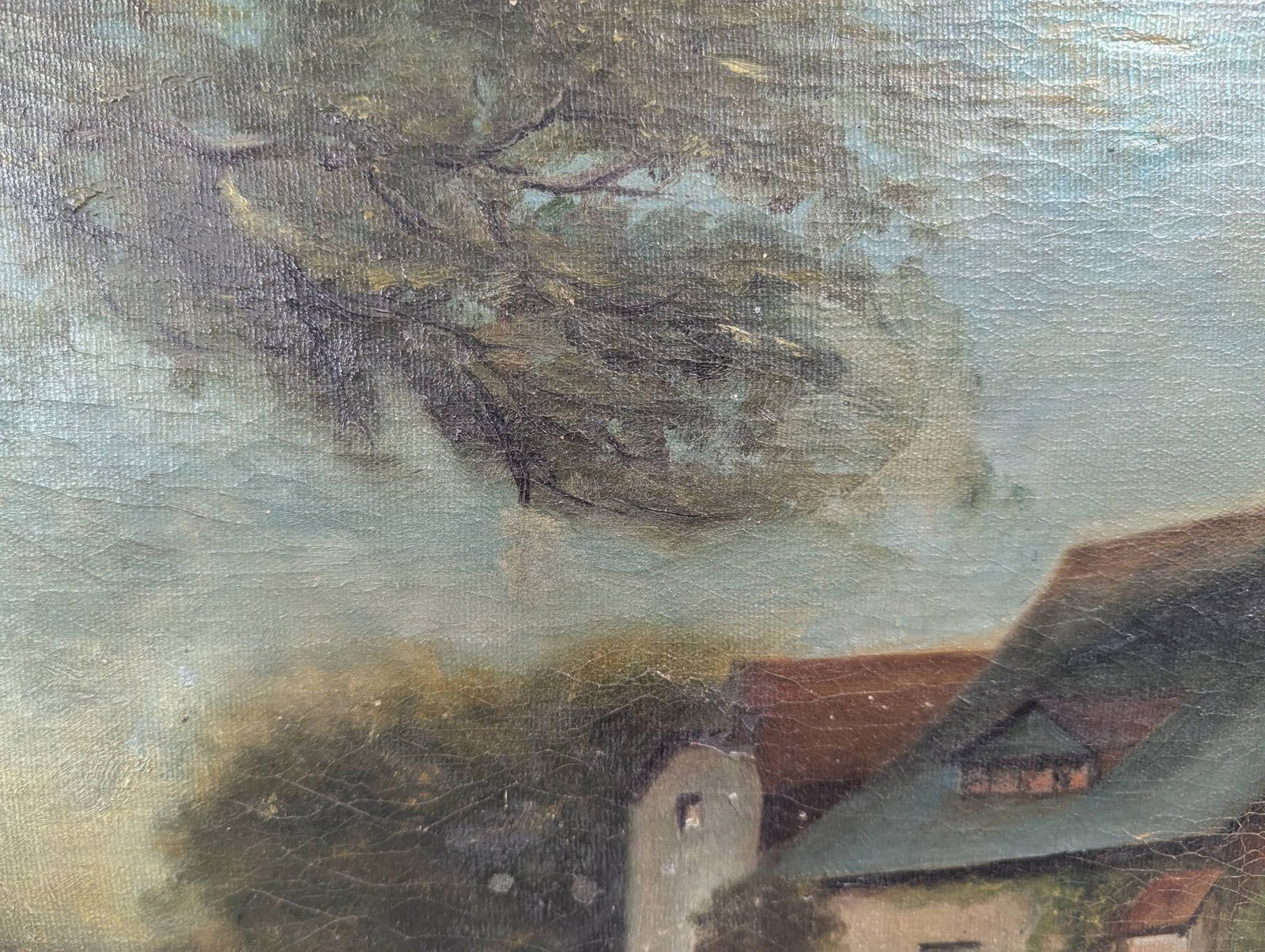 19th Century OIl Painting Landscape With House and Figure in Background - 6