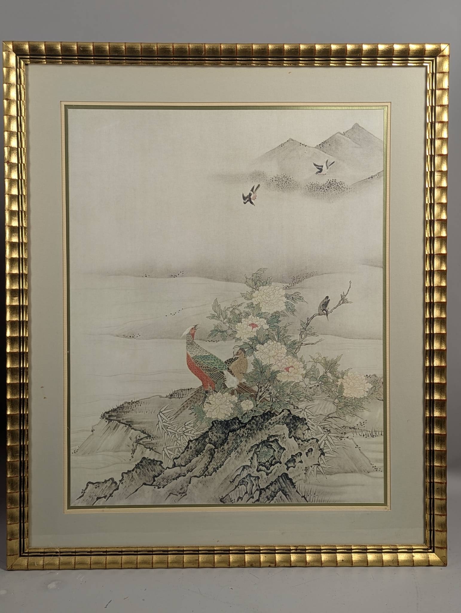 Framed Lithograph Print Depicting Flowers and Birds in a Spring Landscape by Kano Motonobu: Framed lithograph print featuring the artwork Flowers and Birds in a Spring Landscape, attributed to KanÅ Motonobu, a prominent Japanese artist of the mid-16th century Muromachi period. Kno