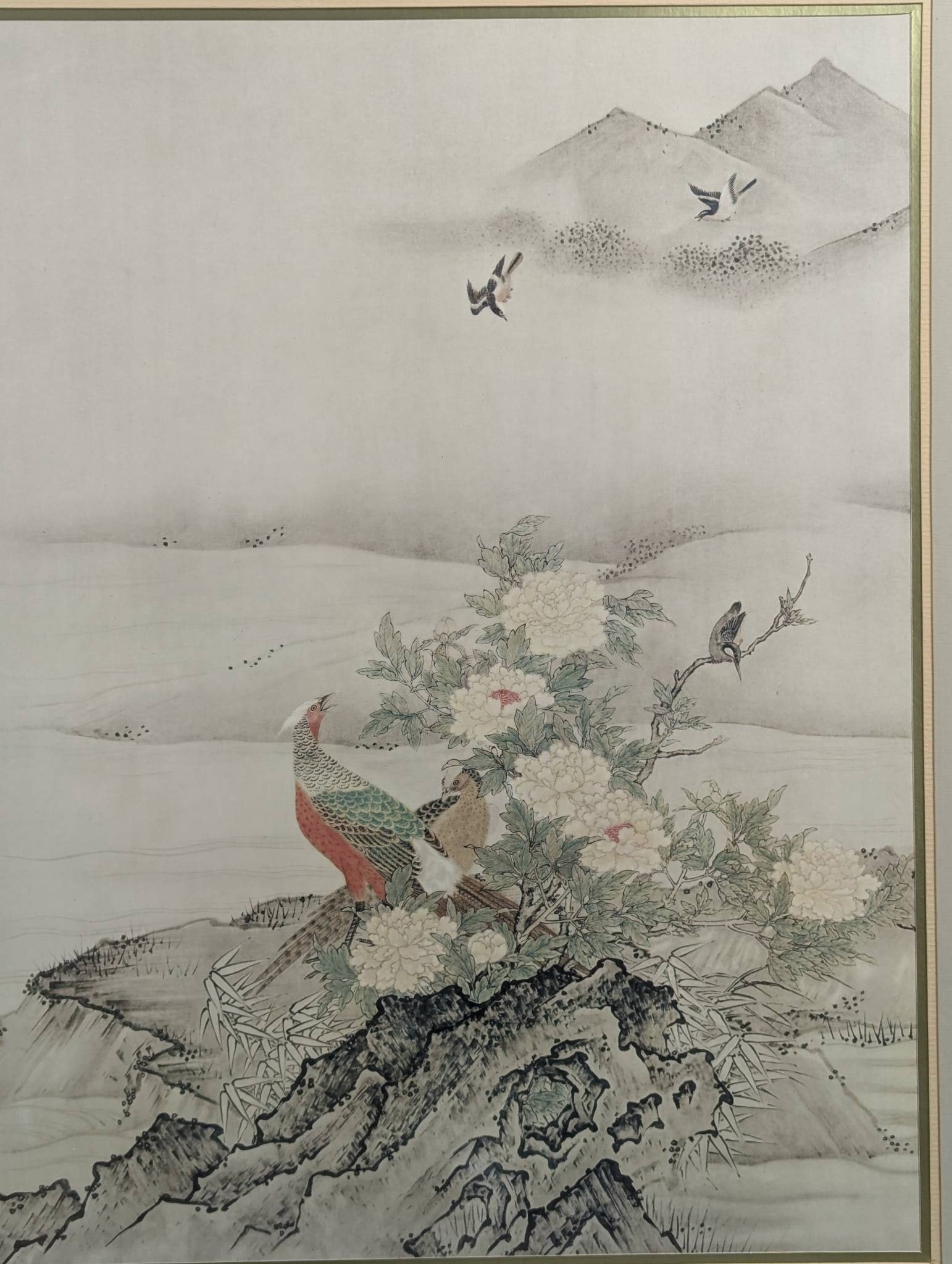 Framed Lithograph Print Depicting Flowers and Birds in a Spring Landscape by Kano Motonobu - 2
