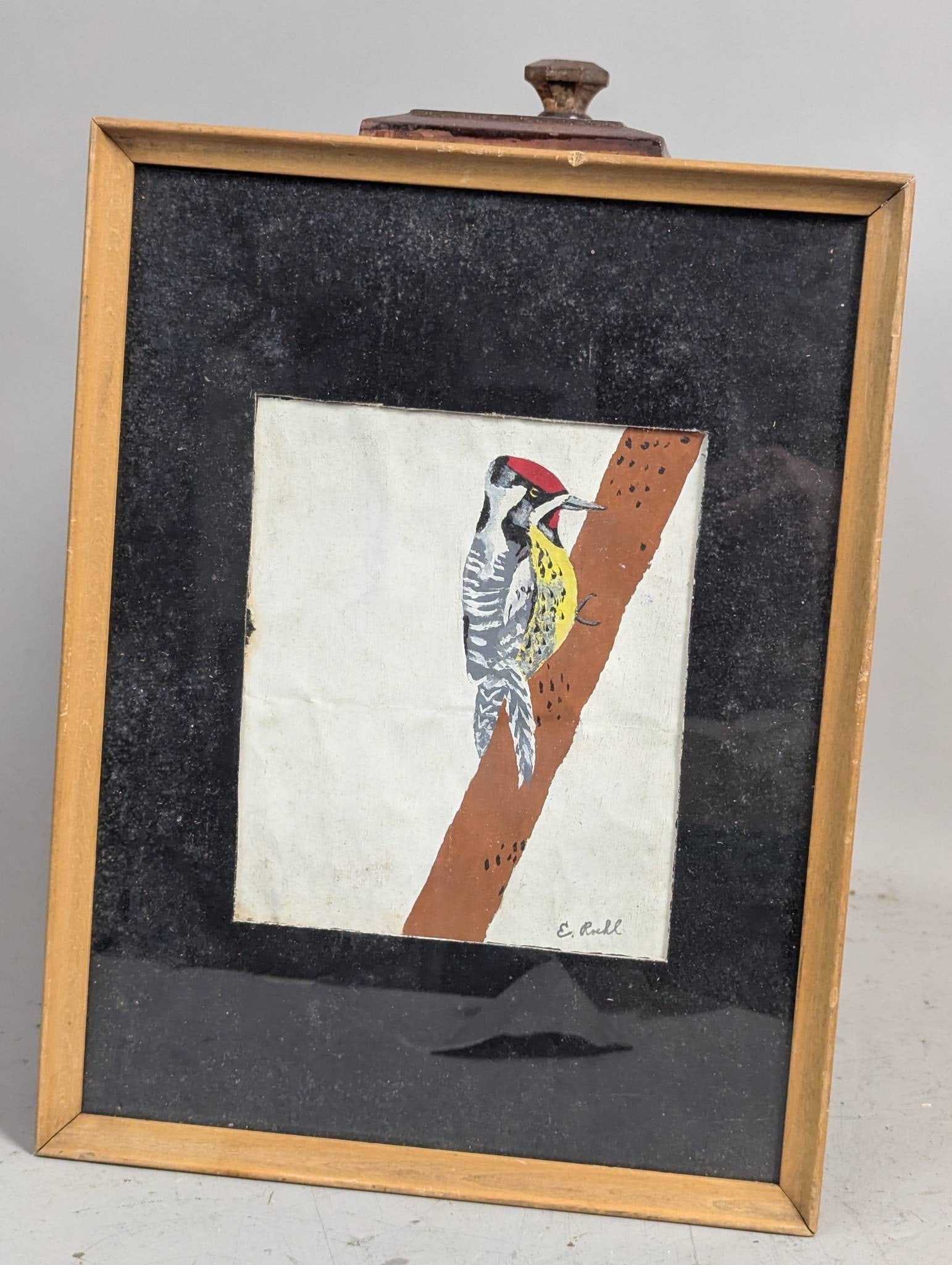 Framed Bird Illustration Signed by E Roehl: Framed bird illustration signed by E Roehl, featuring a woodpecker perched on a brown tree trunk. The painting measures 10 inches high by 13 inches wide, with the image itself measuring 5 3/4 inches h