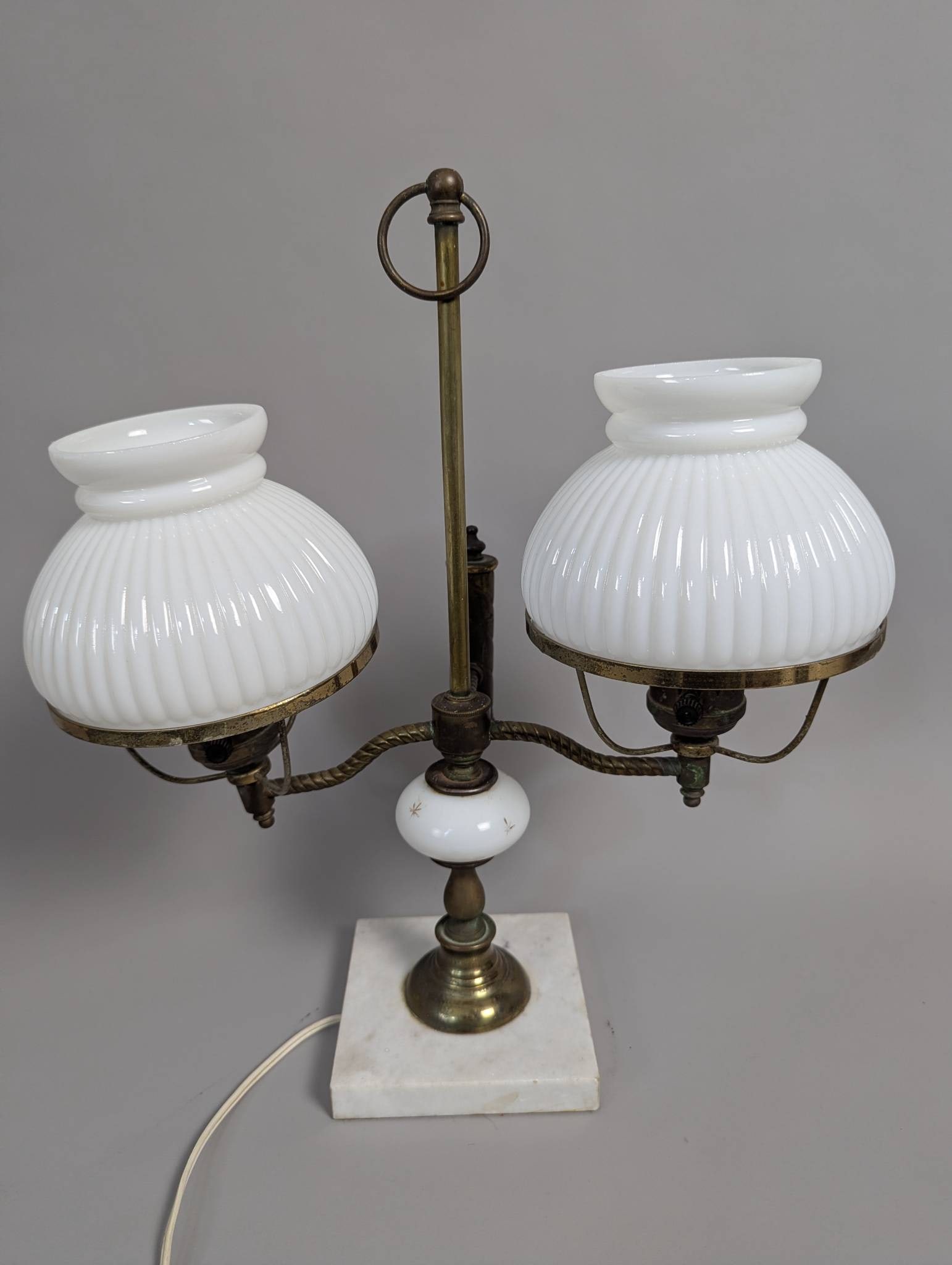 Vintage Antique Double Brass Hurricane Student Lamp with White Glass Shades (1 of 8)