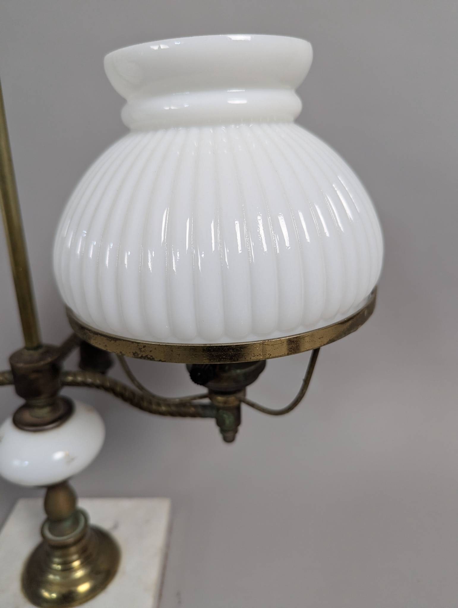 Vintage Antique Double Brass Hurricane Student Lamp with White Glass Shades - 2