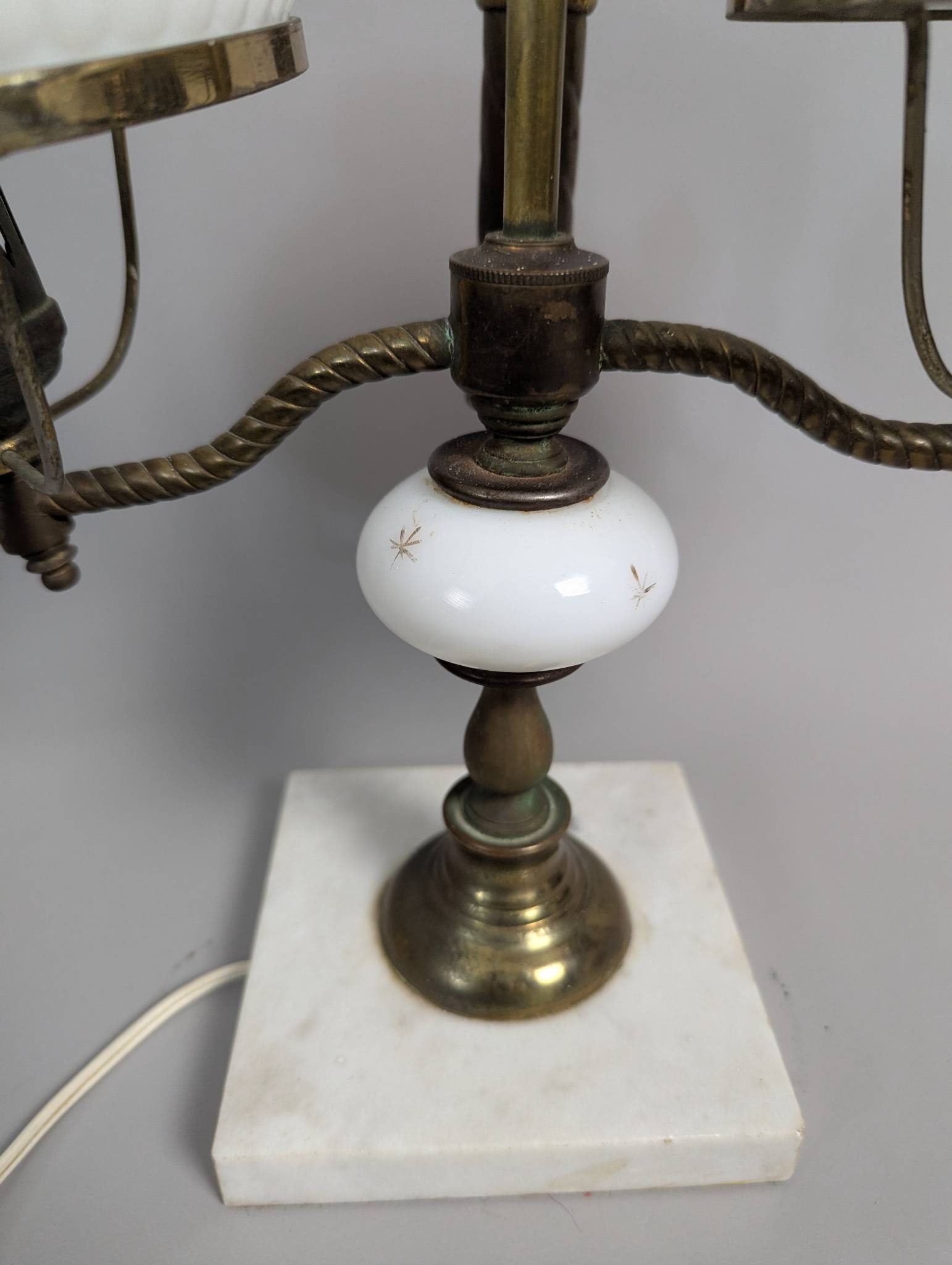 Vintage Antique Double Brass Hurricane Student Lamp with White Glass Shades - 3