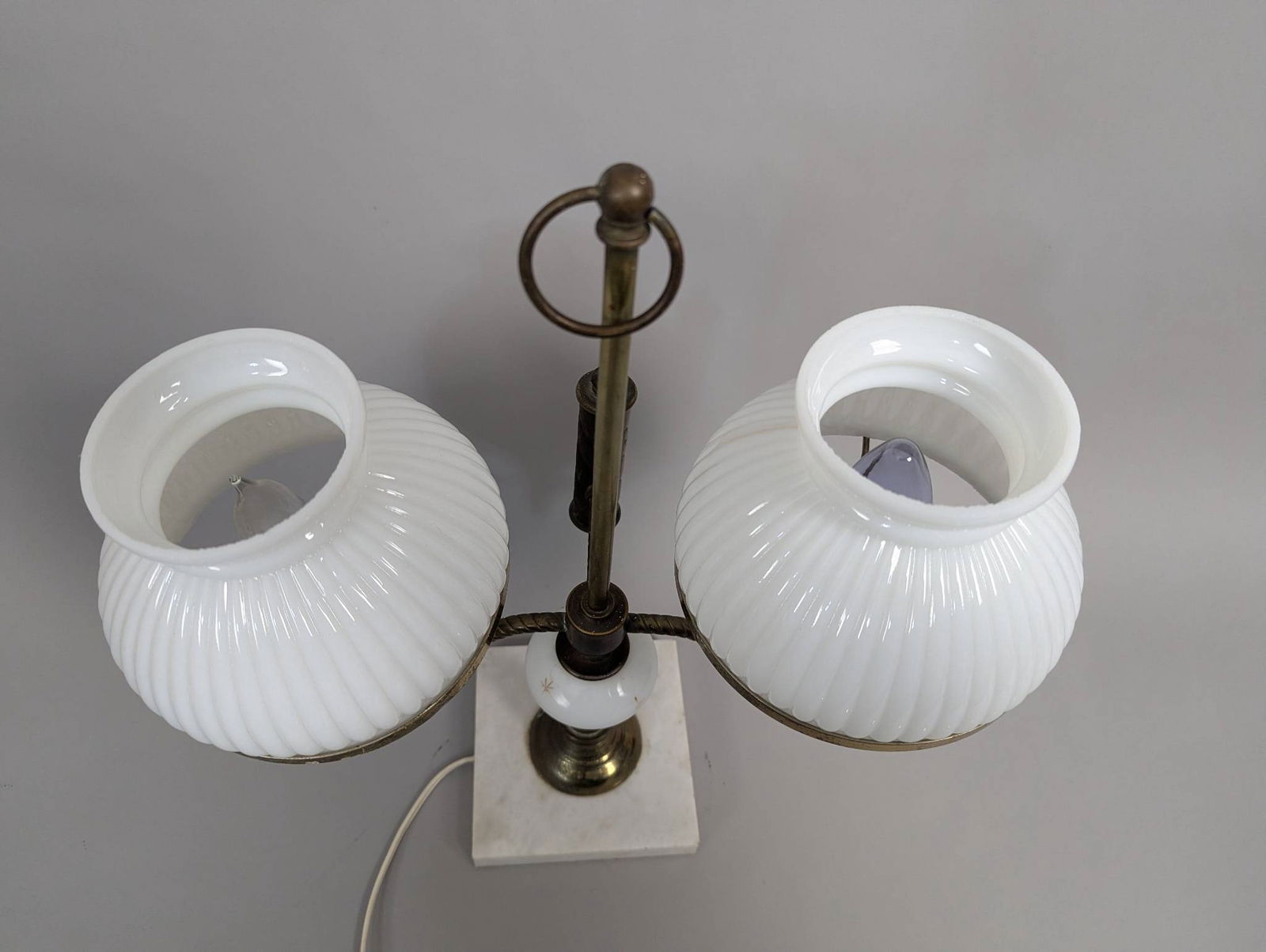 Vintage Antique Double Brass Hurricane Student Lamp with White Glass Shades - 4