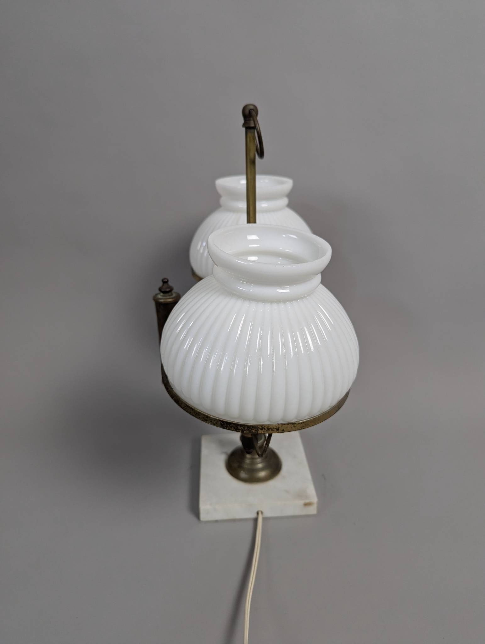Vintage Antique Double Brass Hurricane Student Lamp with White Glass Shades - 5