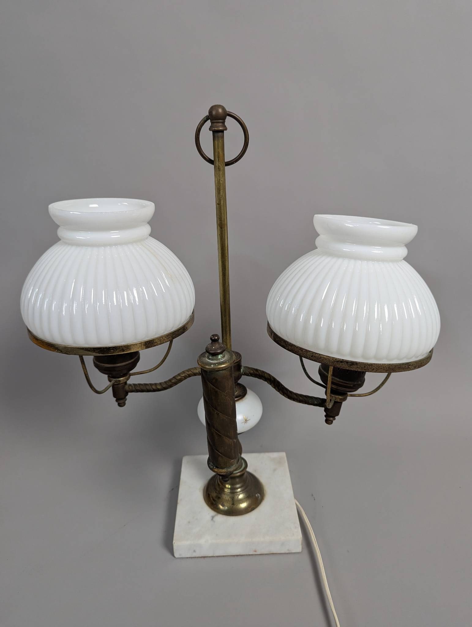 Vintage Antique Double Brass Hurricane Student Lamp with White Glass Shades - 6