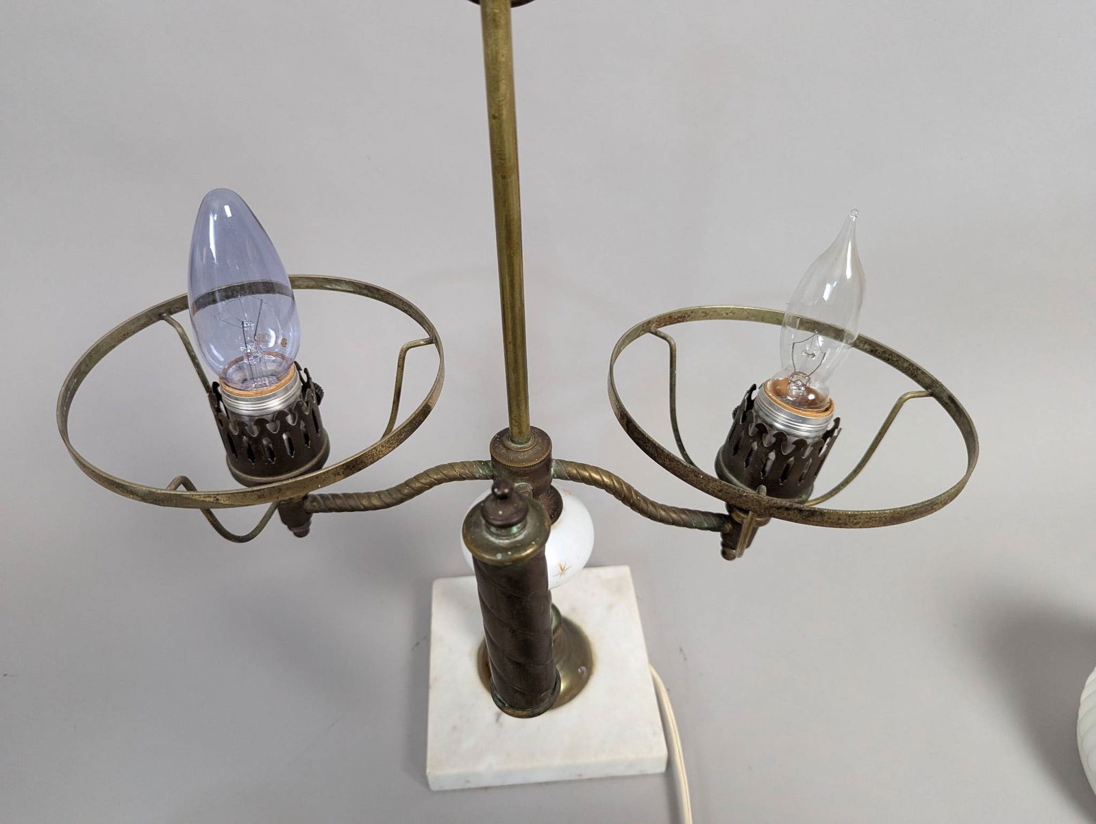 Vintage Antique Double Brass Hurricane Student Lamp with White Glass Shades - 7