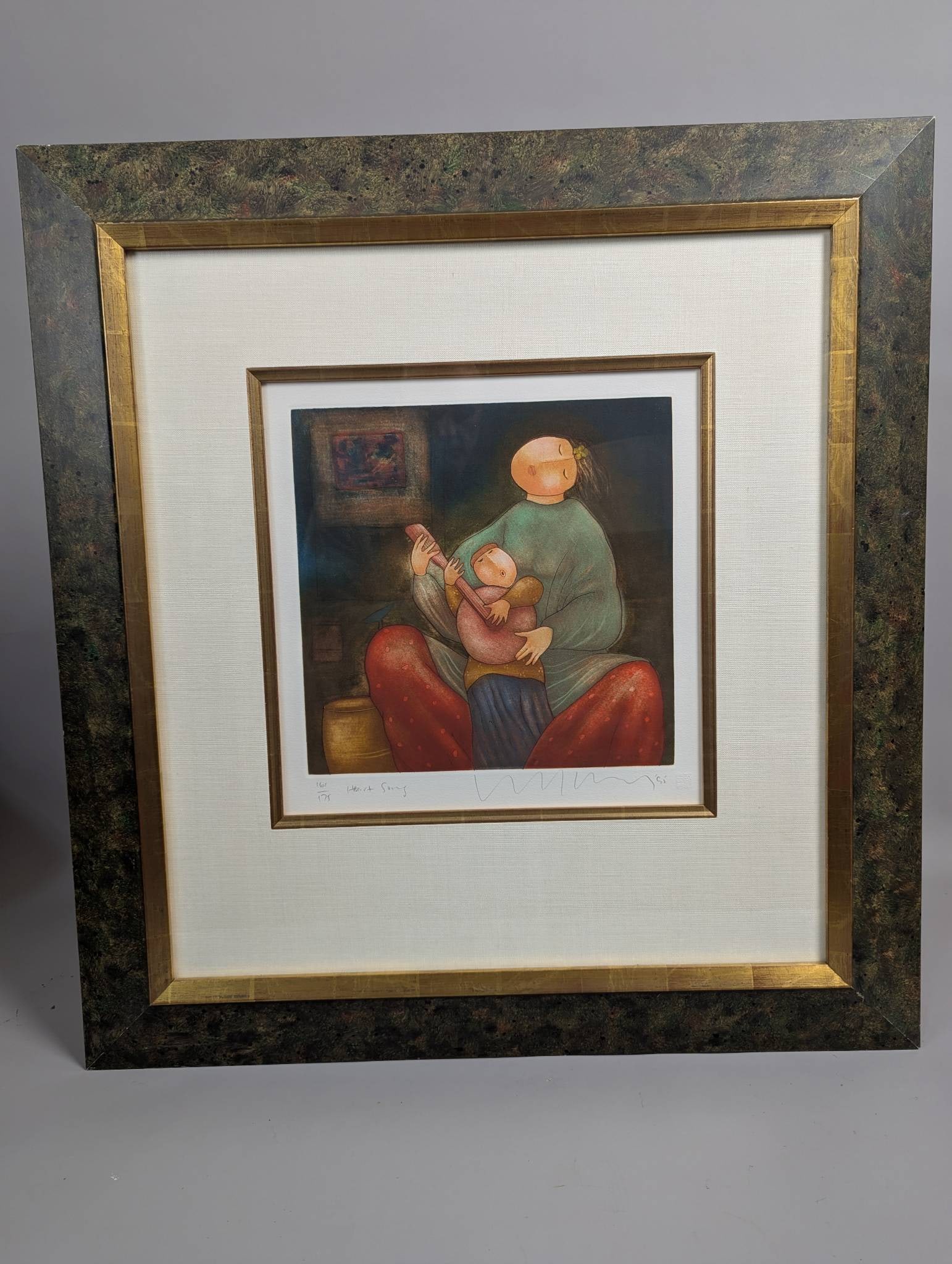 Signed and Numbered Lithograph by Eng Tay Titled Heart Song: Signed and numbered lithograph by artist Eng Tay titled Heart Song. The lithograph is edition number 161 of 175. It is presented in a textured mat and framed under glass in a decorative frame with