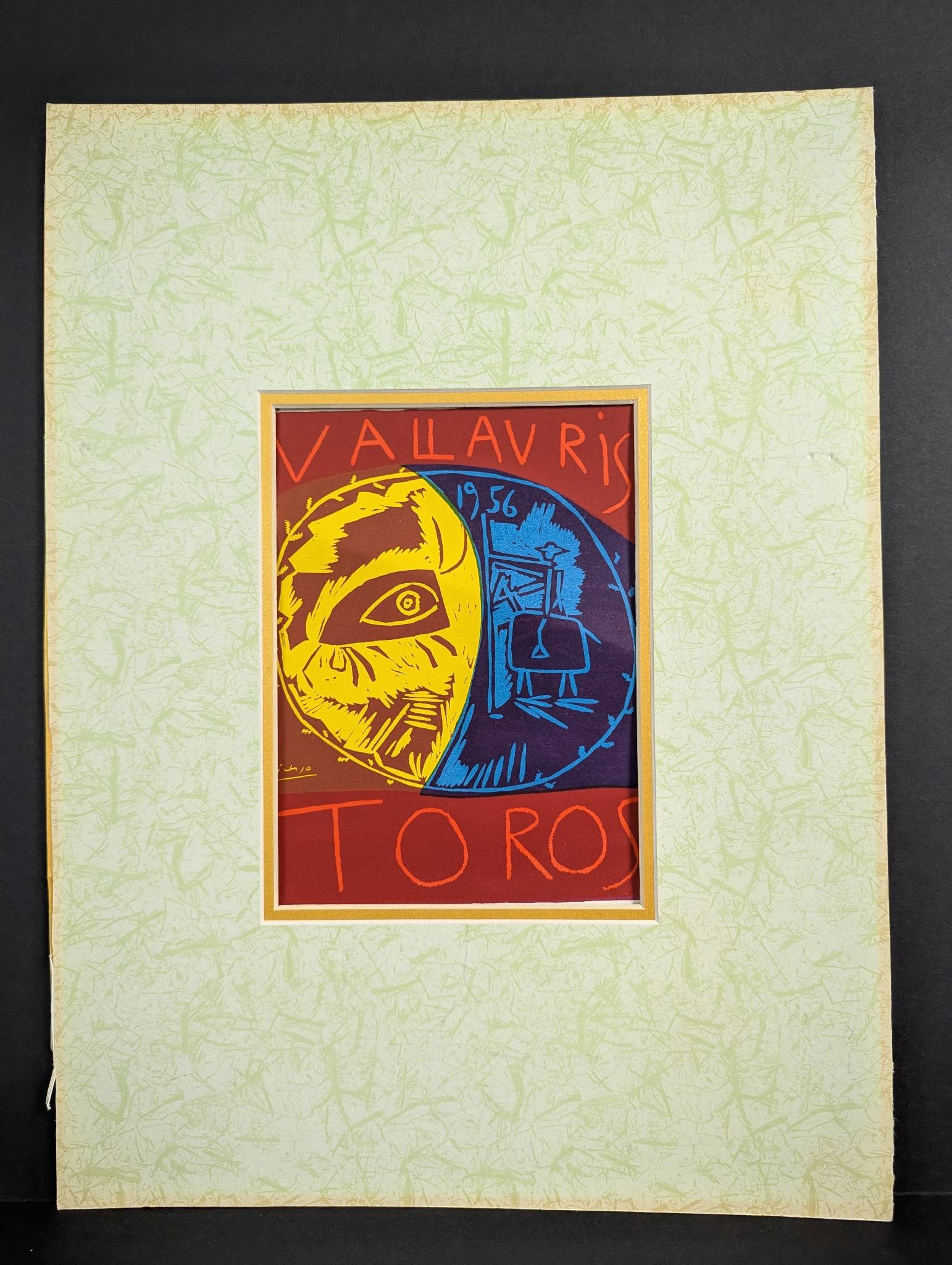 Toros en Vallauris Lithograph by Pablo Picasso, 1956: Toros en Vallauris lithograph by Pablo Picasso, created in 1956. The piece explores the theme of a bullfight, a recurring motif in Picasso's body of work. Produced using lithographic techniques, it