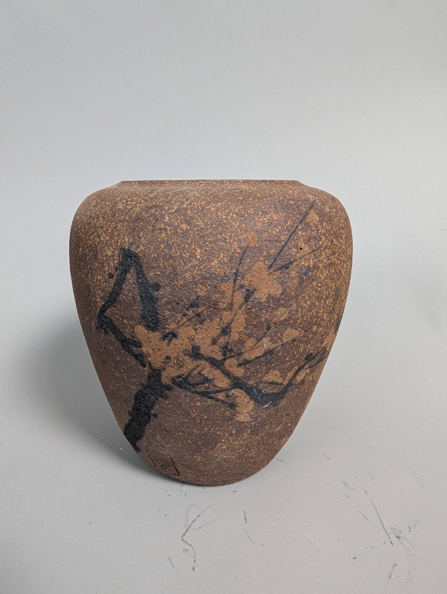 Chinese Ceramic Vase with Textured Brown Finish and Painted Decoration (1 of 6)
