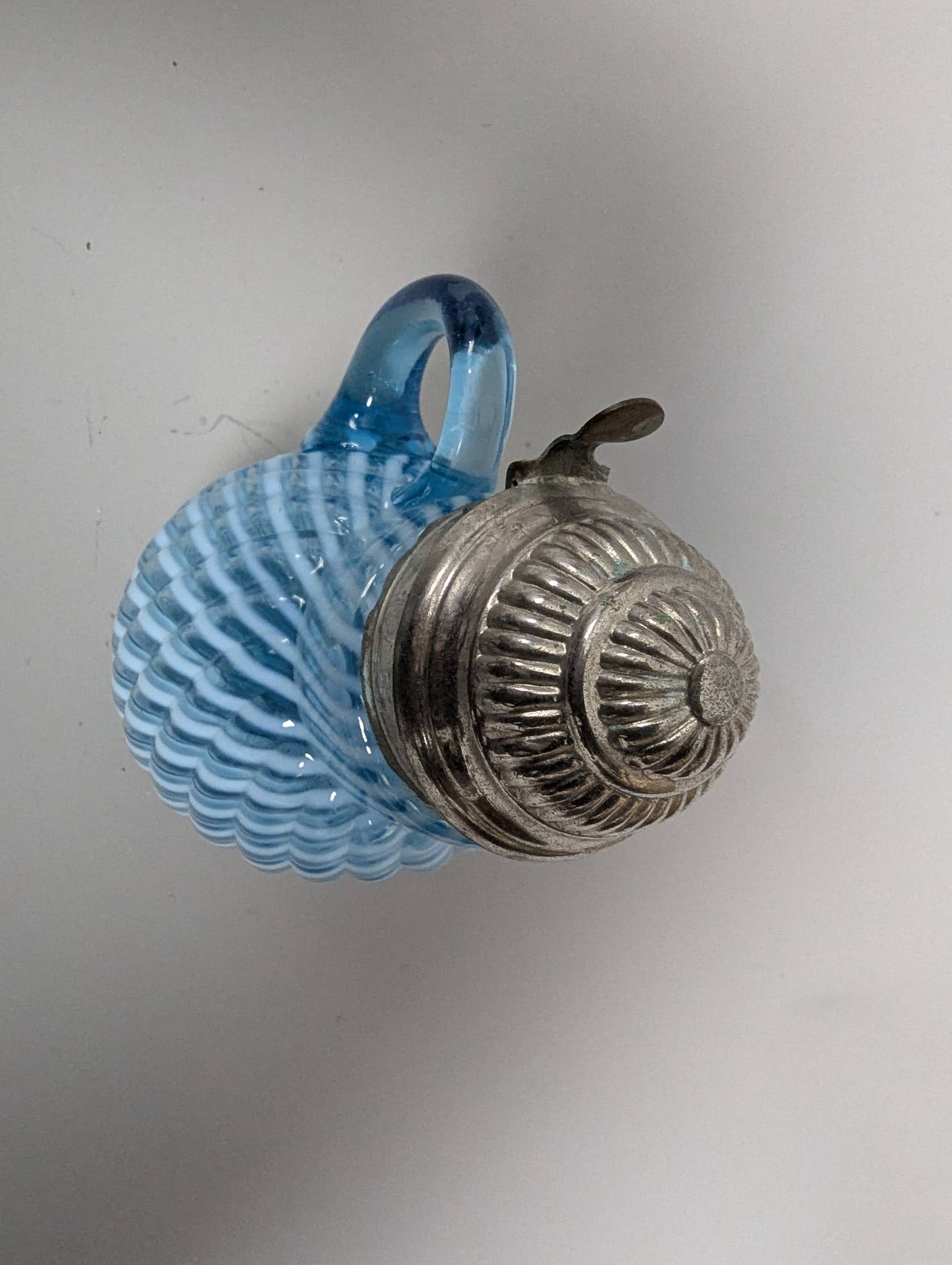 Antique Blue Opalescent Glass Syrup Pitcher in Buckeye Reverse Swirl Pattern - 2