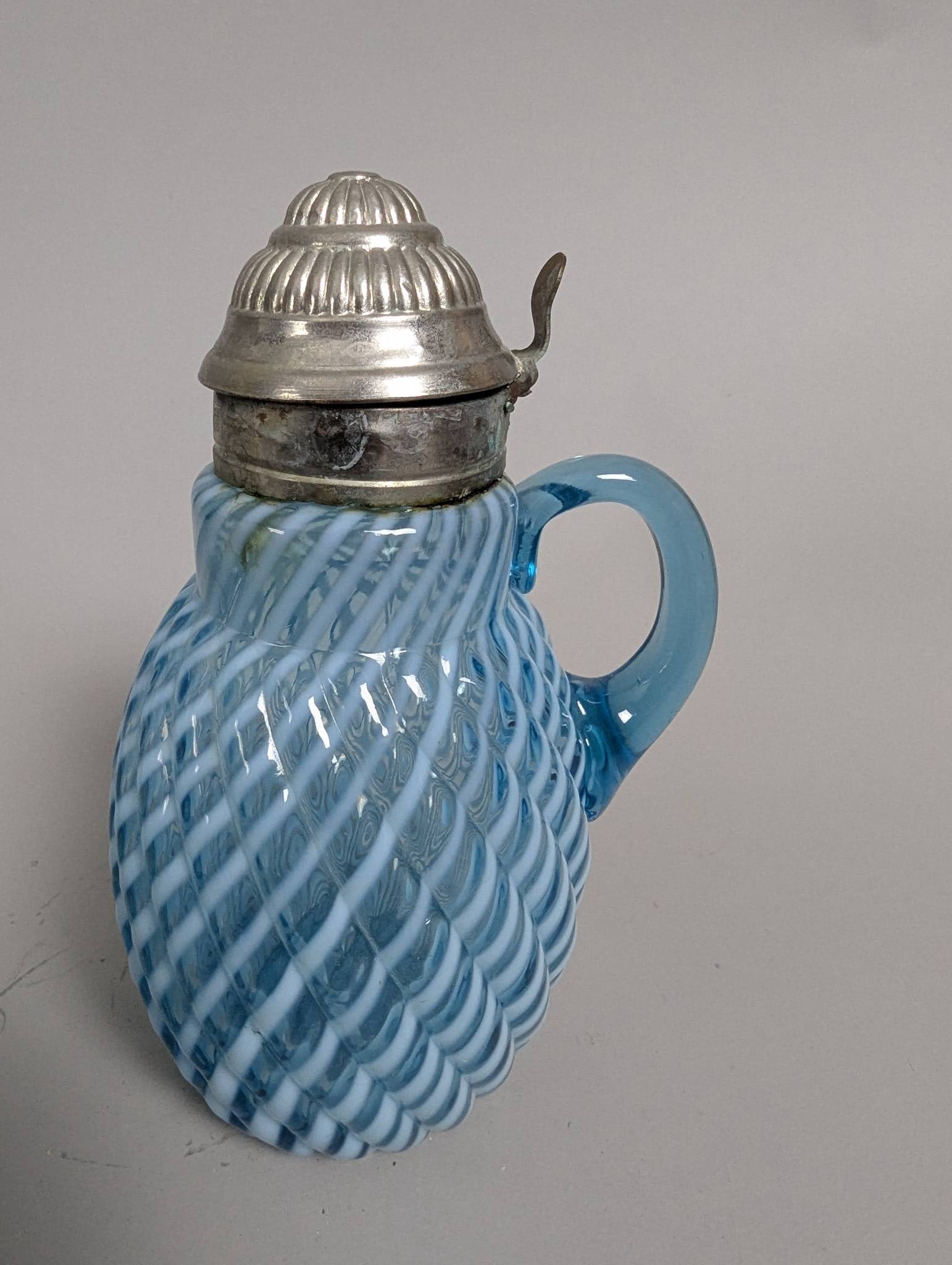 Antique Blue Opalescent Glass Syrup Pitcher in Buckeye Reverse Swirl Pattern - 3